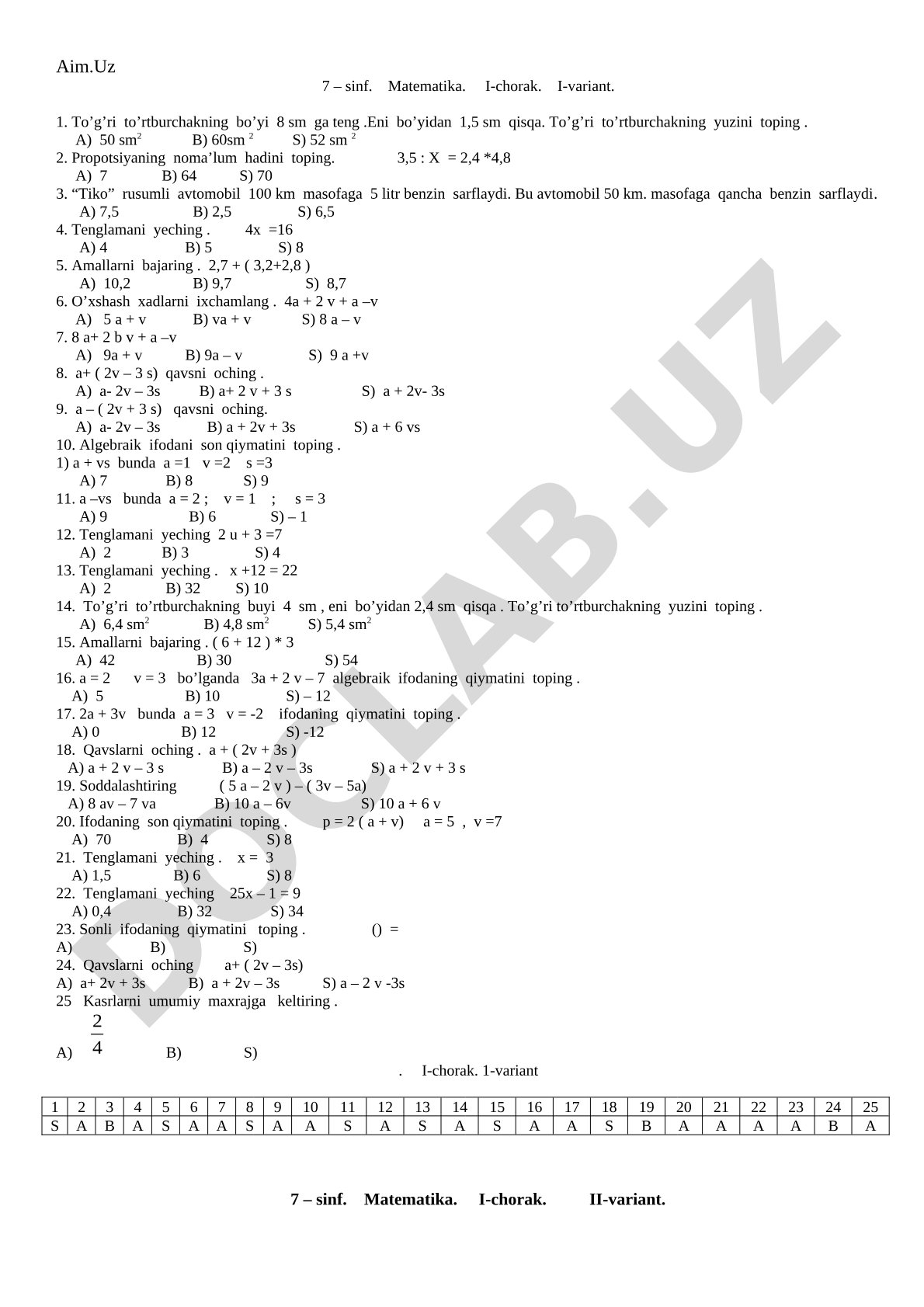 7-sinf Matematika I-chorak I-variant test