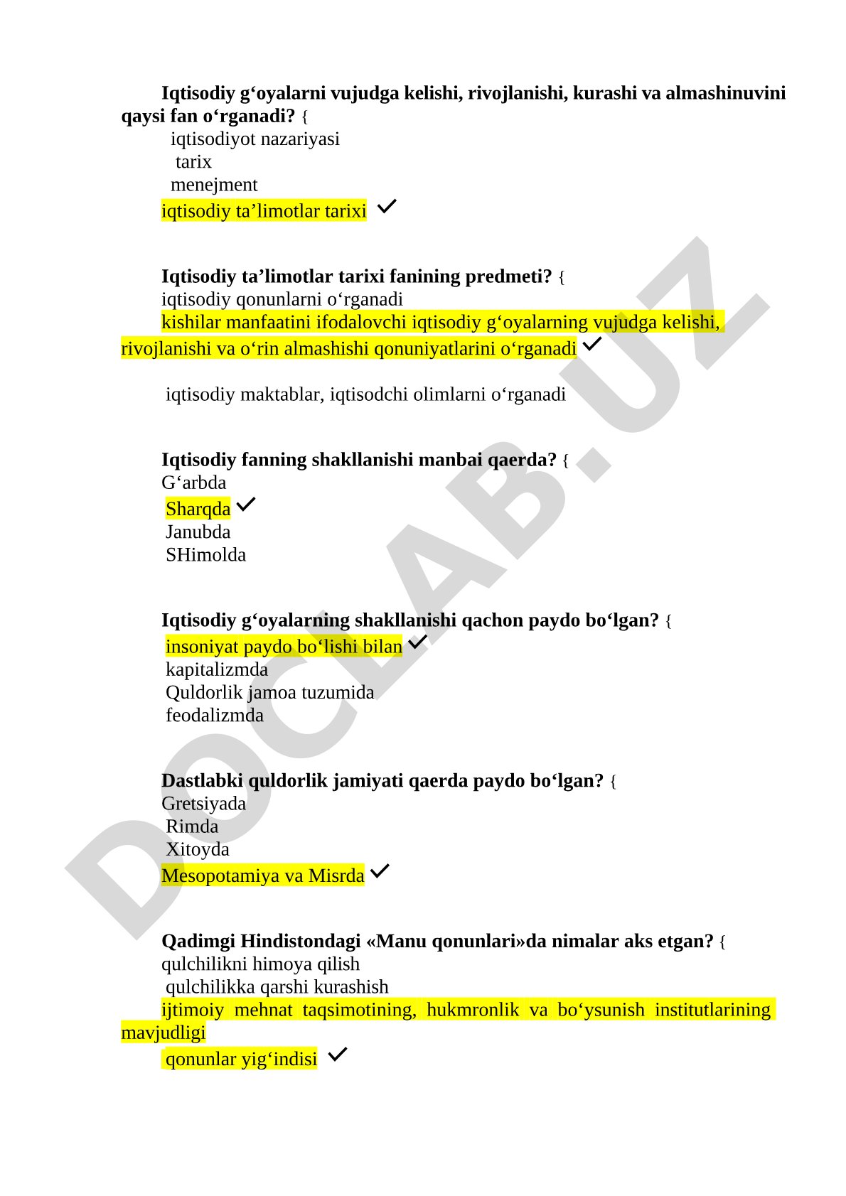 Iqtisodiy ta’limotlar tarixi fanidan test savollari