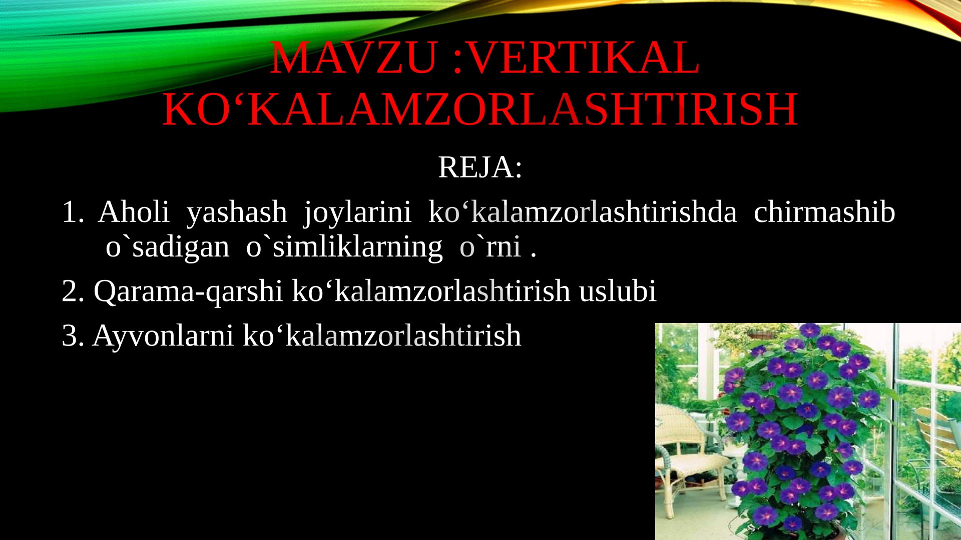 Aholi yashash joylarini ko'kalamzorlashtirishda chirmashib o'sadigan o'simliklarning