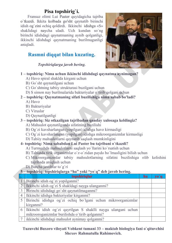 Lui Pasterning bakteriyalar va mahsulotlarni saqlash tajribasi