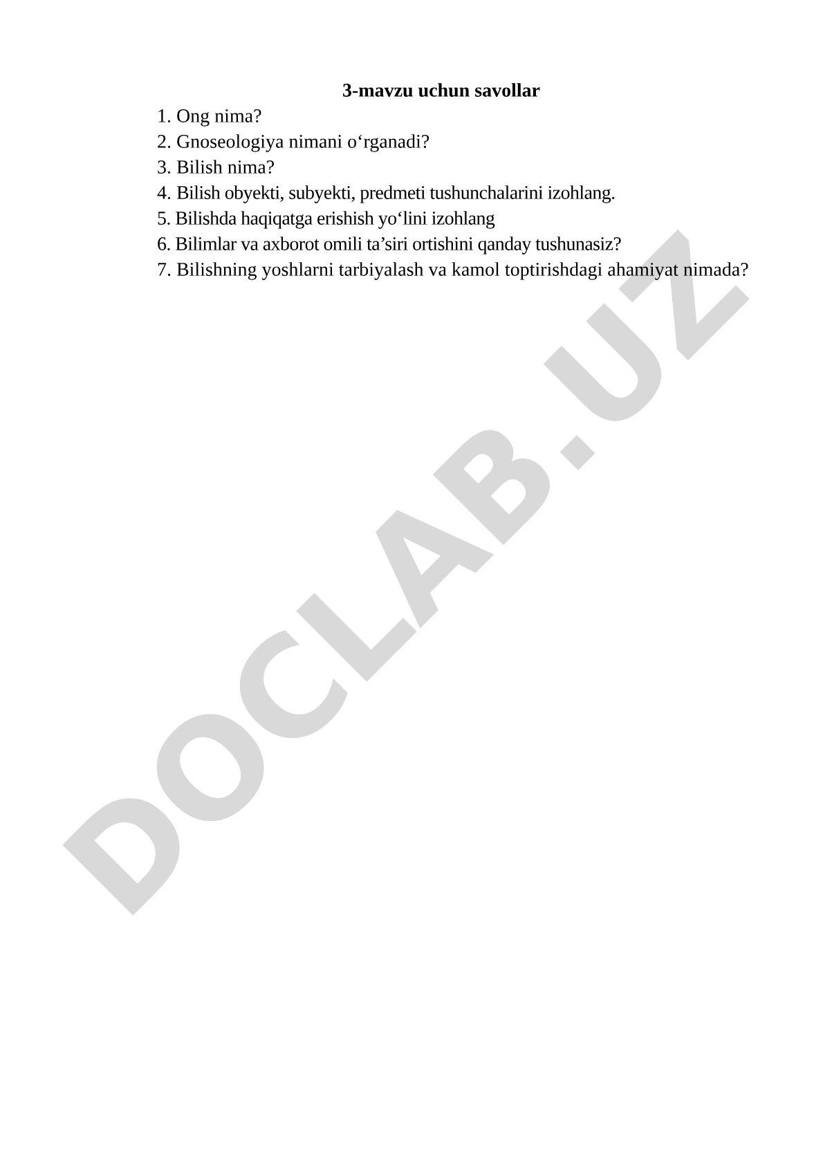 Bilish, ong va gnoseologiya bo'yicha savollar