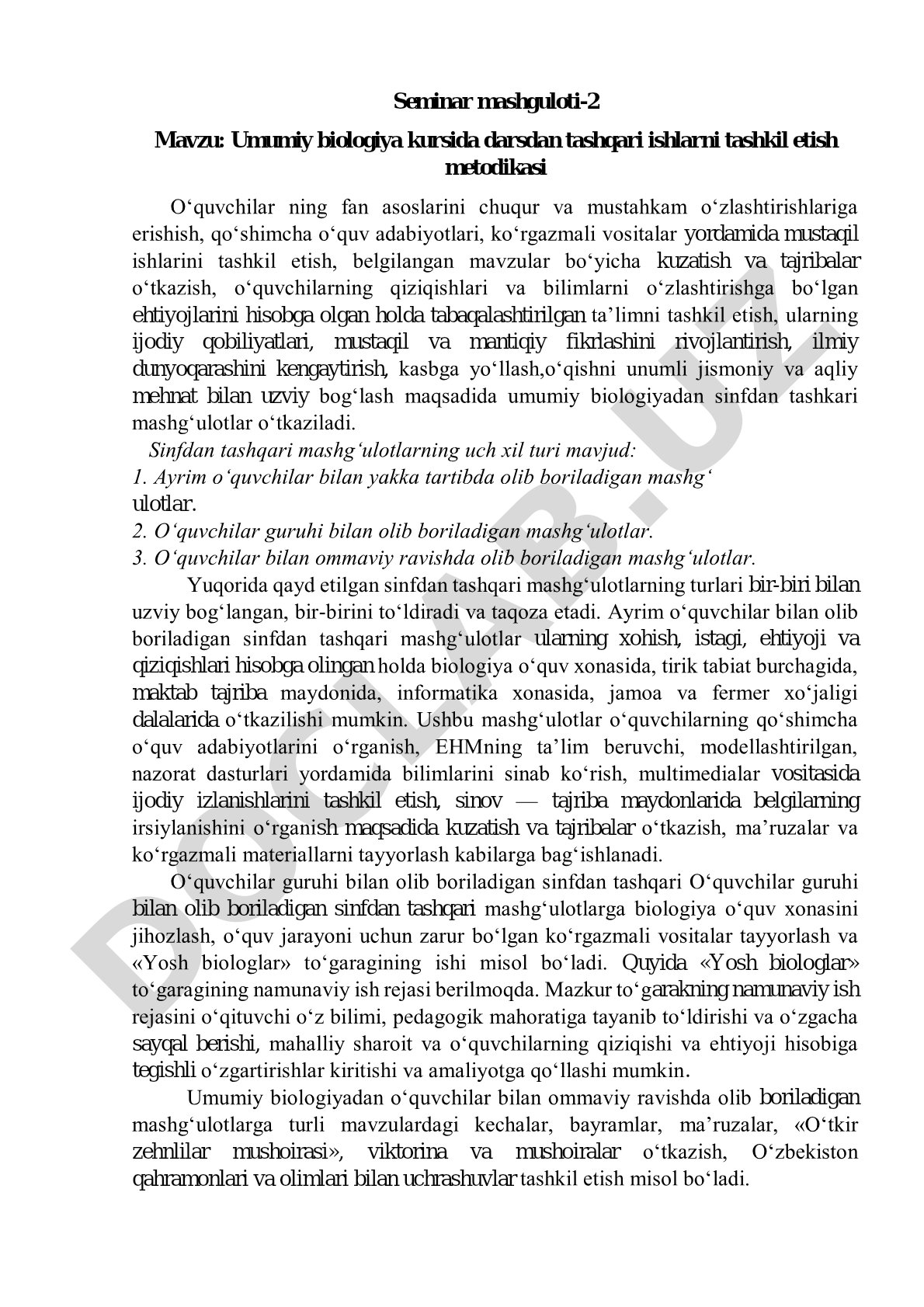 Umumiy biologiya kursida darsdan tashqari ishlarni tashkil etish metodikasi