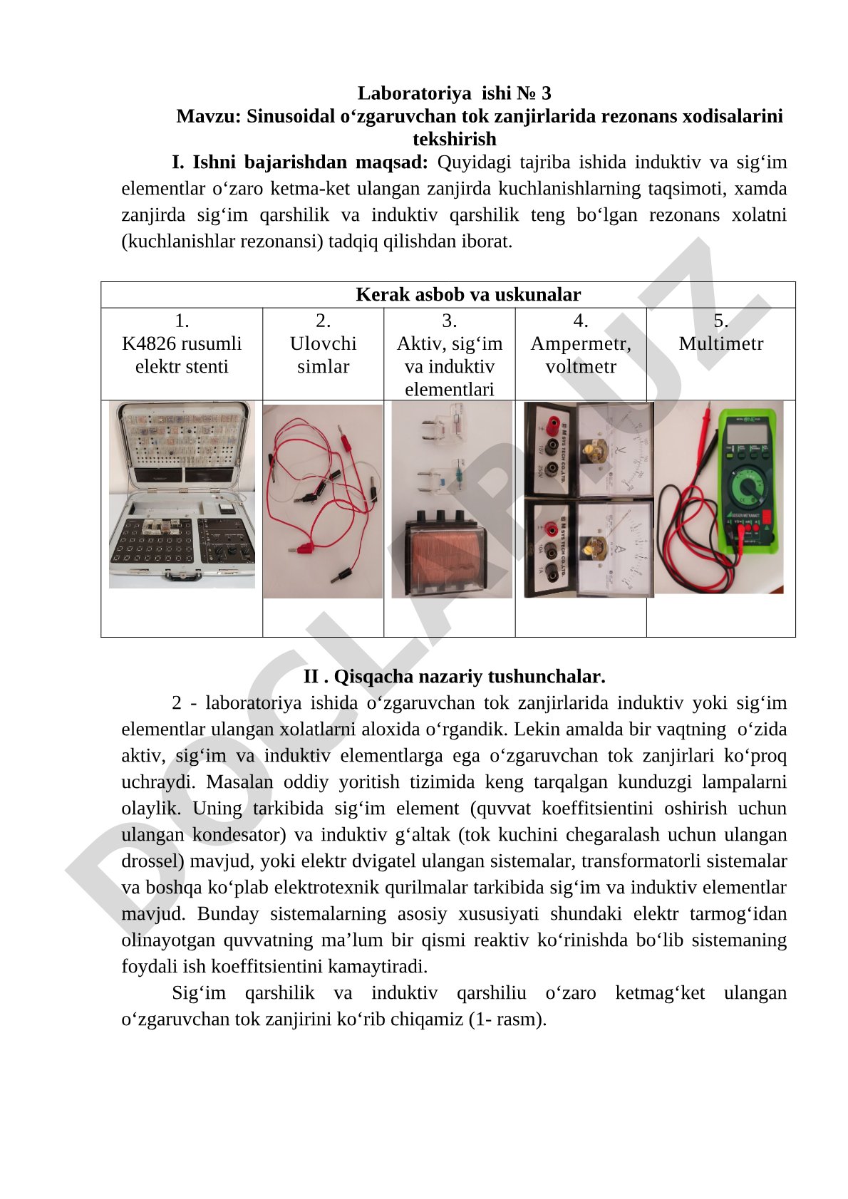 Sinusoidal o‘zgaruvchan tok zanjirlarida rezonans xodisalarini tekshirish
