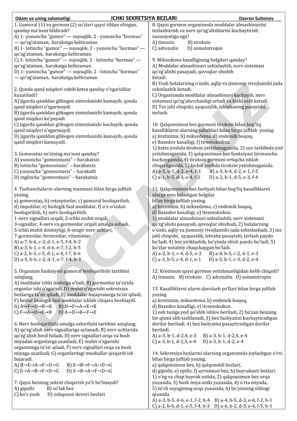 Odam va uning salomatligi Ichki sekretsiya bezlari