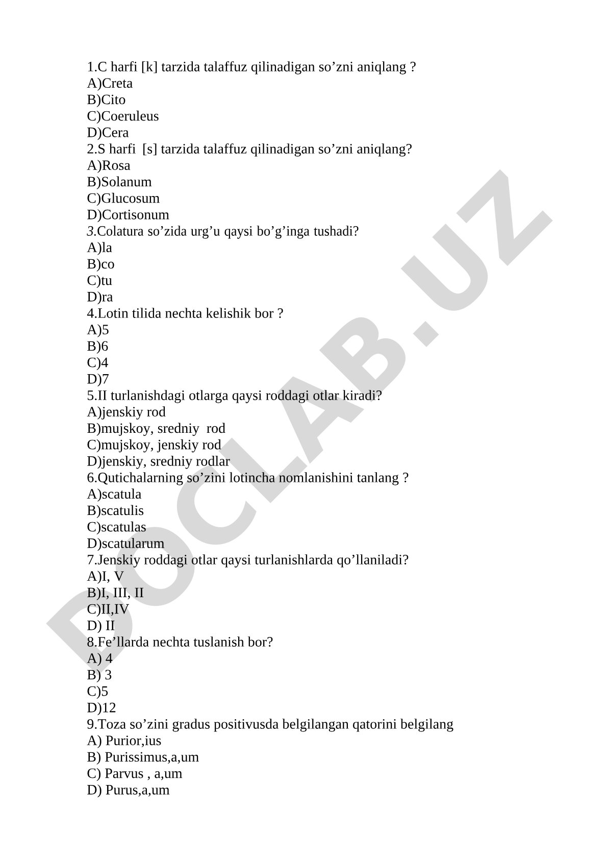 Lotin tili grammatikasi va talaffuzi bo'yicha test