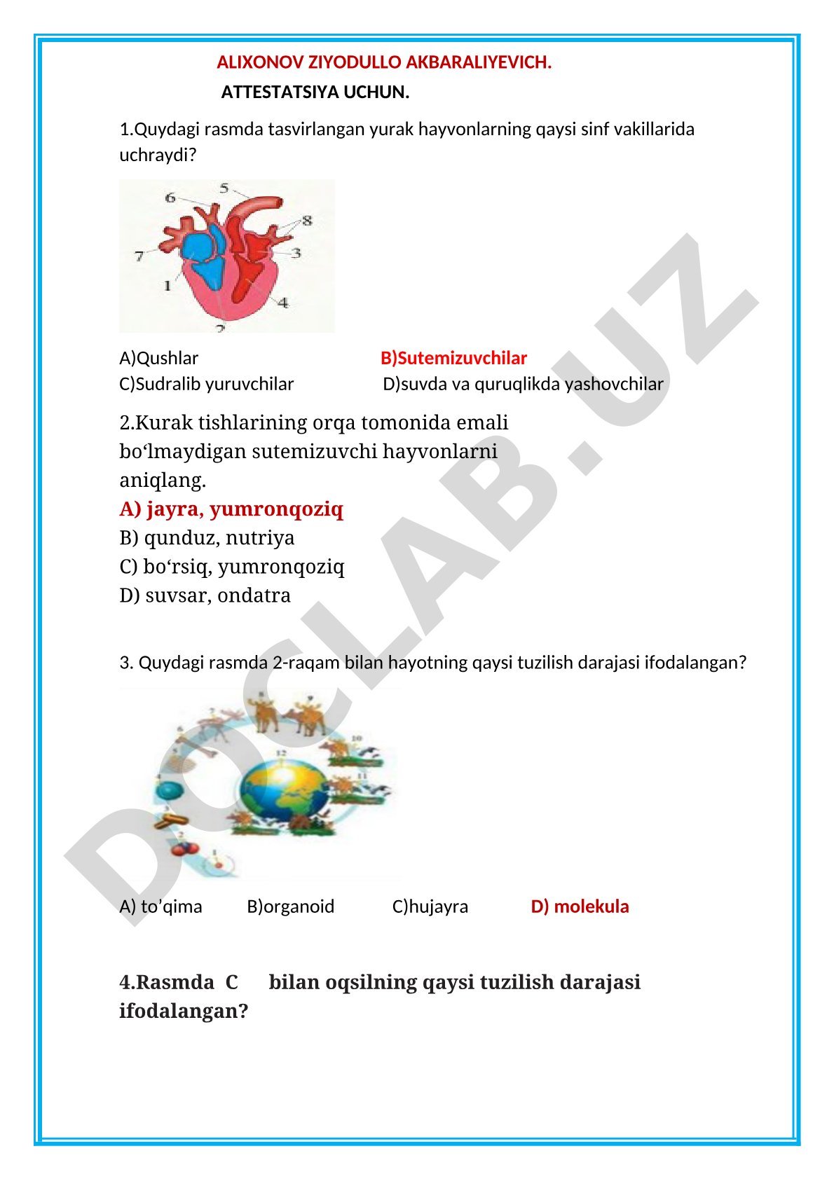 Biologiyadan attestatsiya test savollari