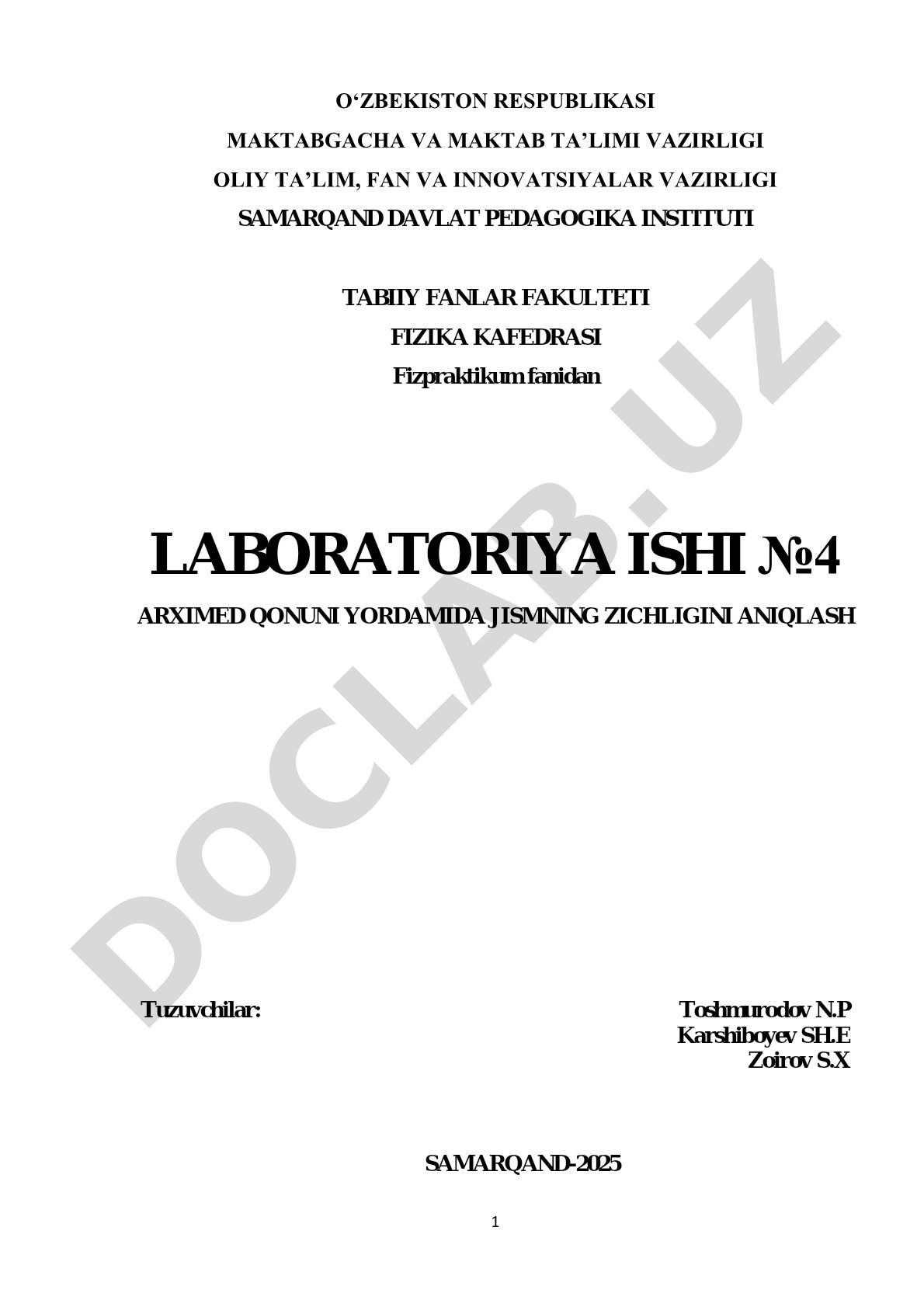 Arximed qonuni yordamida jismning zichligini aniqlash