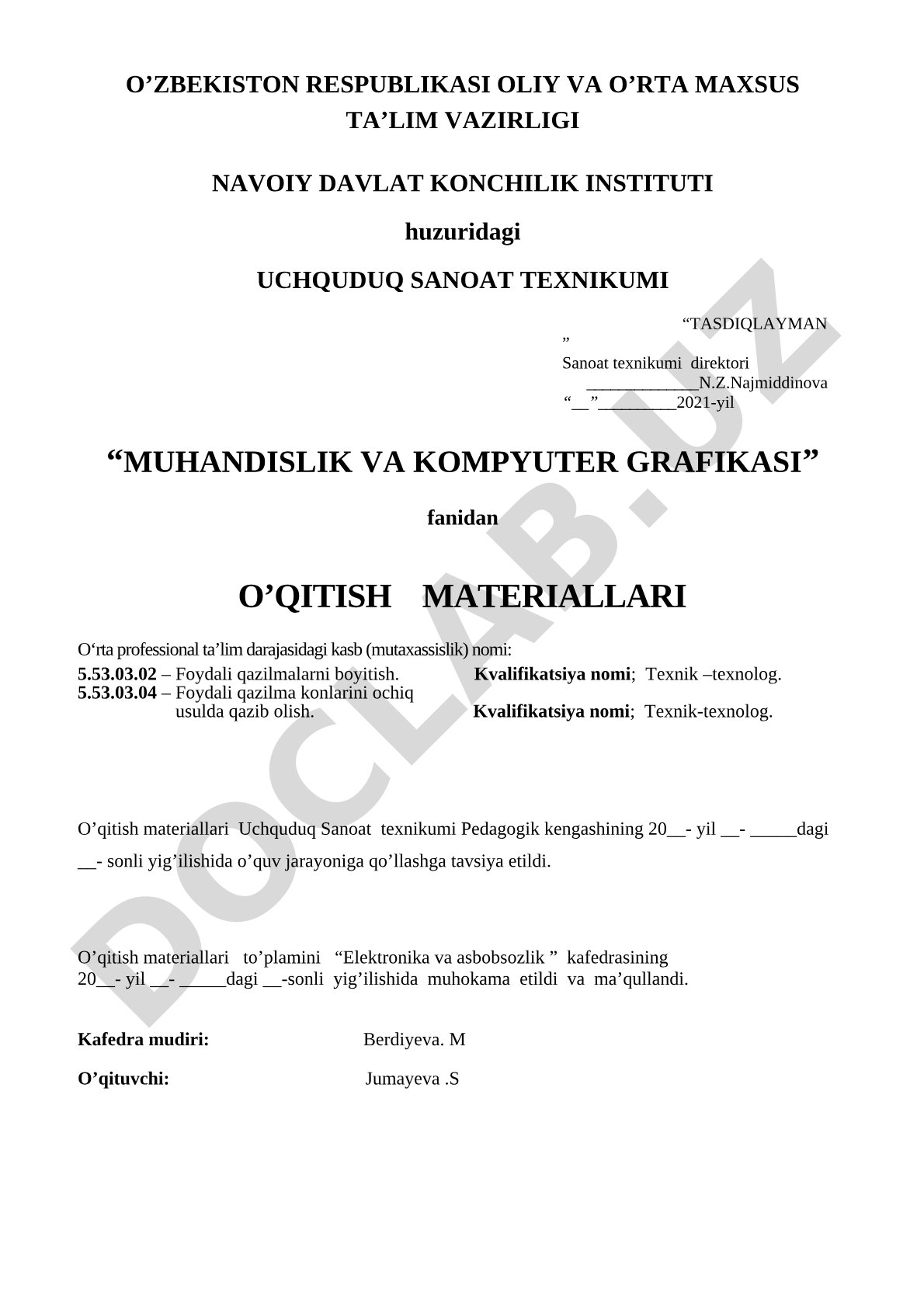 Muhandislik va kompyuter grafikasi fanidan o'qitish materiallari
