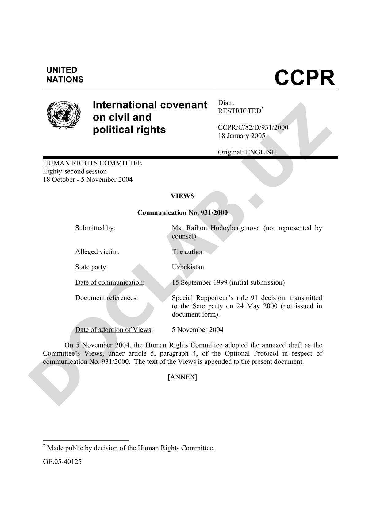 UN Human Rights Committee decision on Hudoyberganova's complaint against Uzbekistan