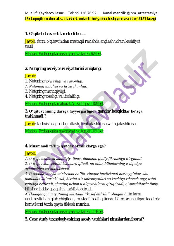 Pedagogik mahorat va kasb standarti bo'yicha savollar va javoblar