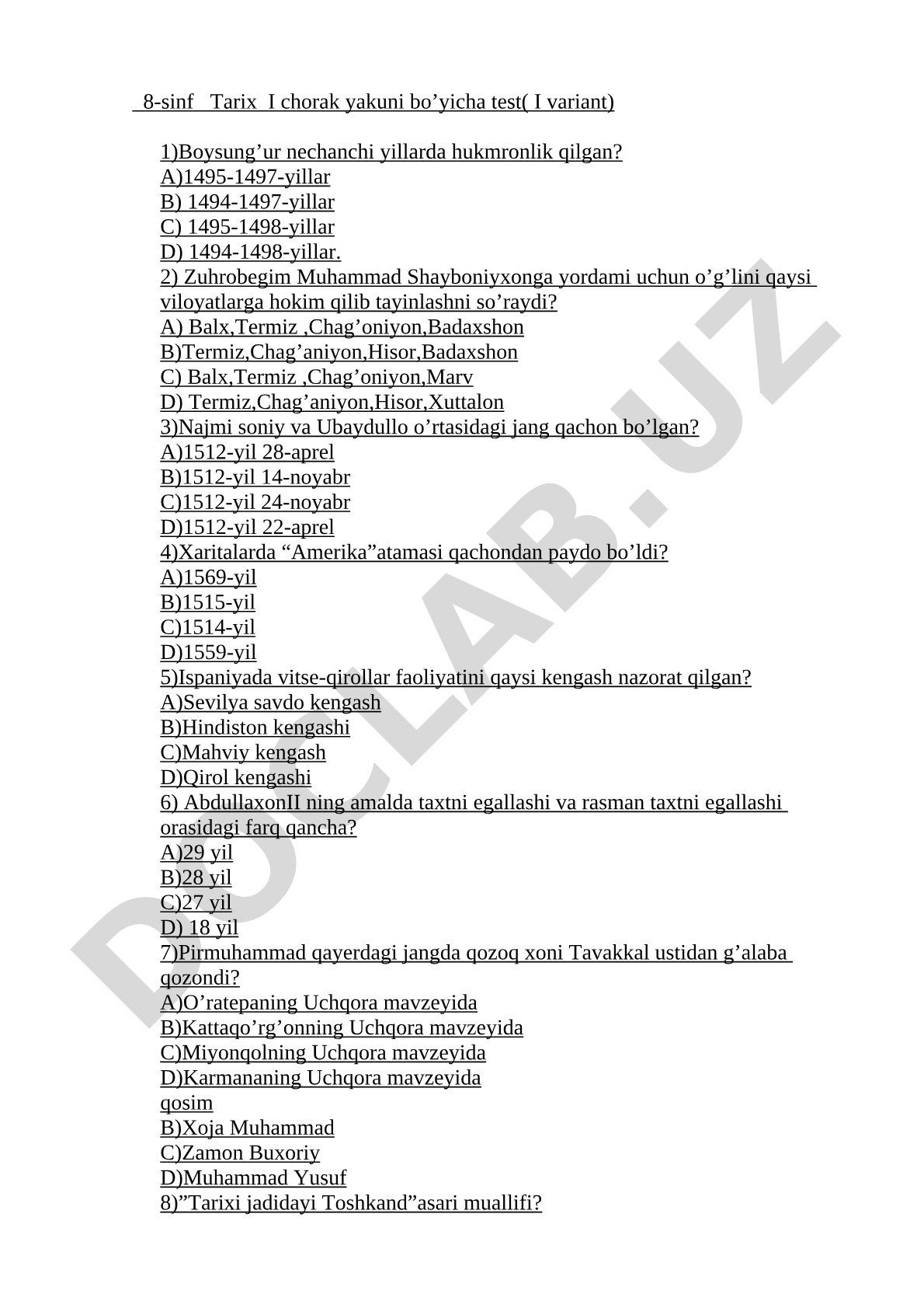 8-sinf Tarix I chorak yakuni bo'yicha test (I variant)