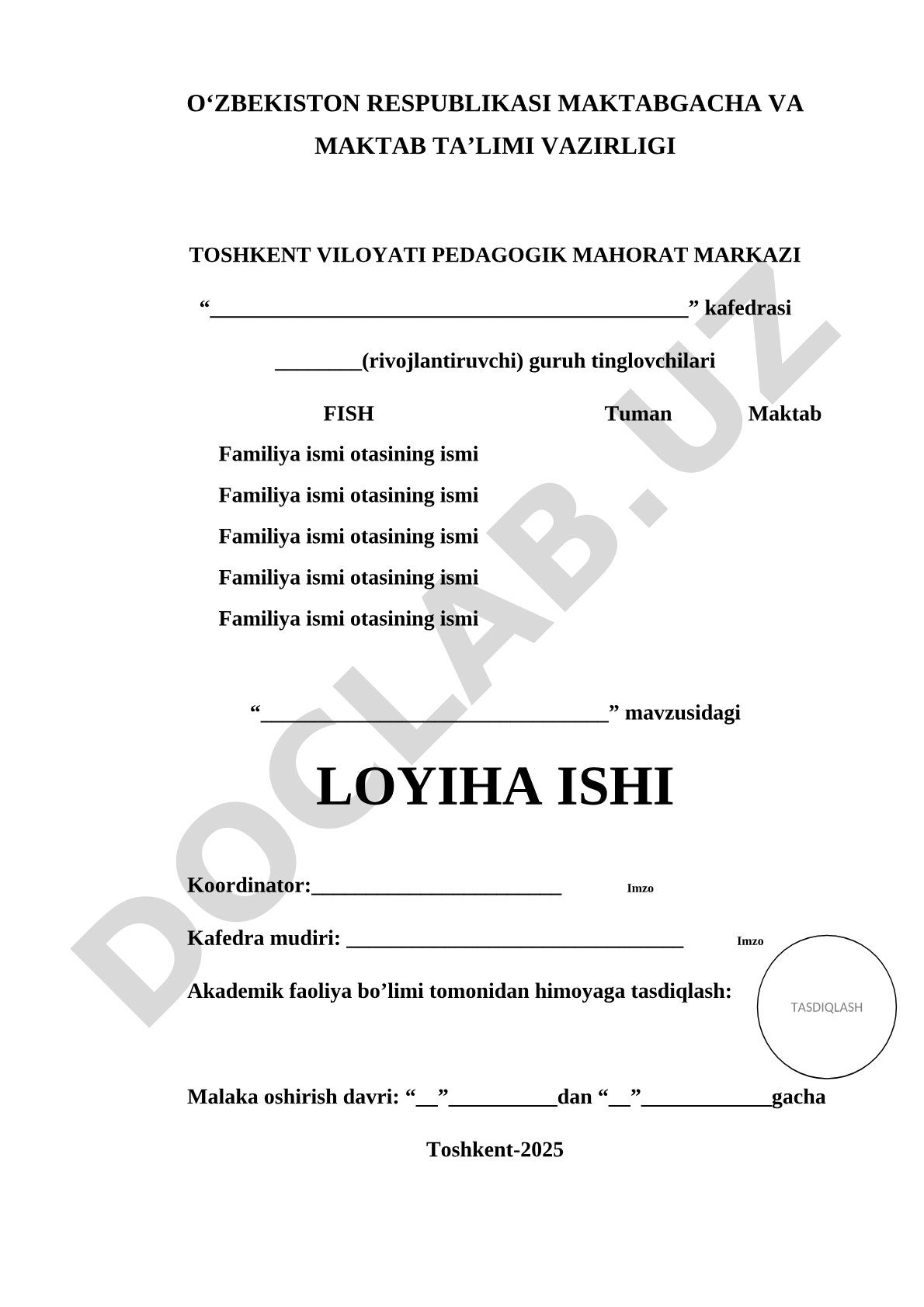 Malaka oshirish tinglovchilari uchun loyiha ishi shabloni