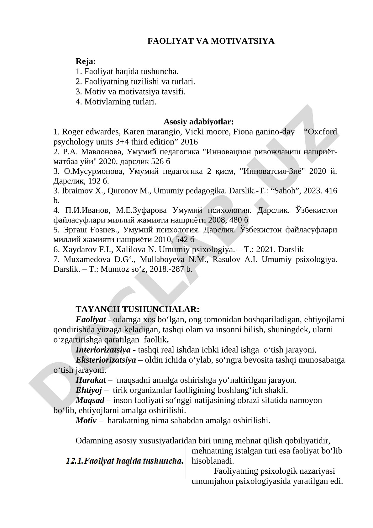Faoliyat va motivatsiya mavzusidagi dars rejasi: tushuncha, tuzilma, motivlar turlari