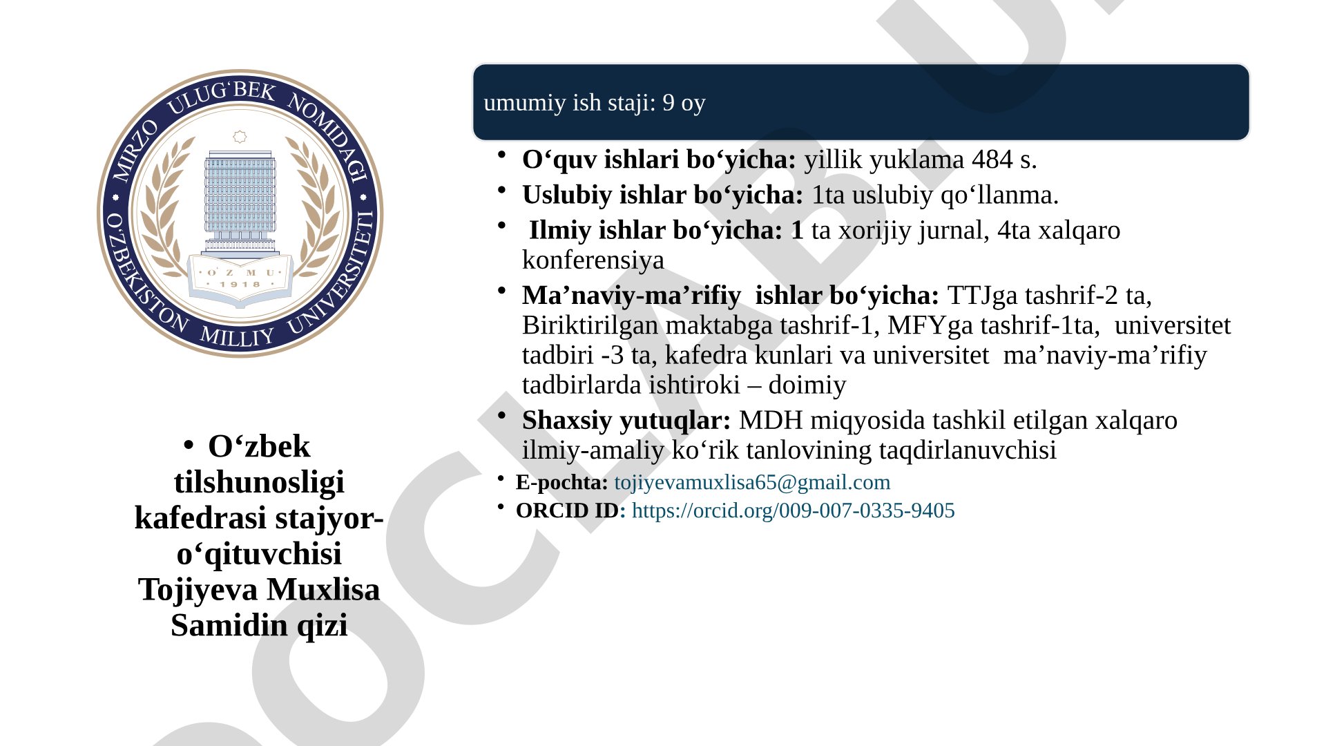 Stajyor-o‘qituvchining yillik yuklamasi va shaxsiy yutuqlari