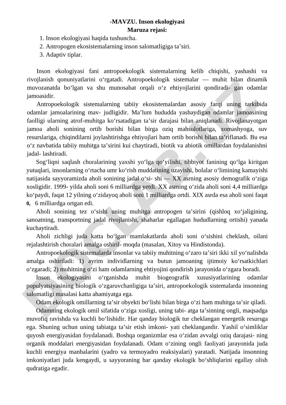 Inson ekologiyasi fani, antropoekologik sistemalar va adaptiv tiplar haqida ma'ruza