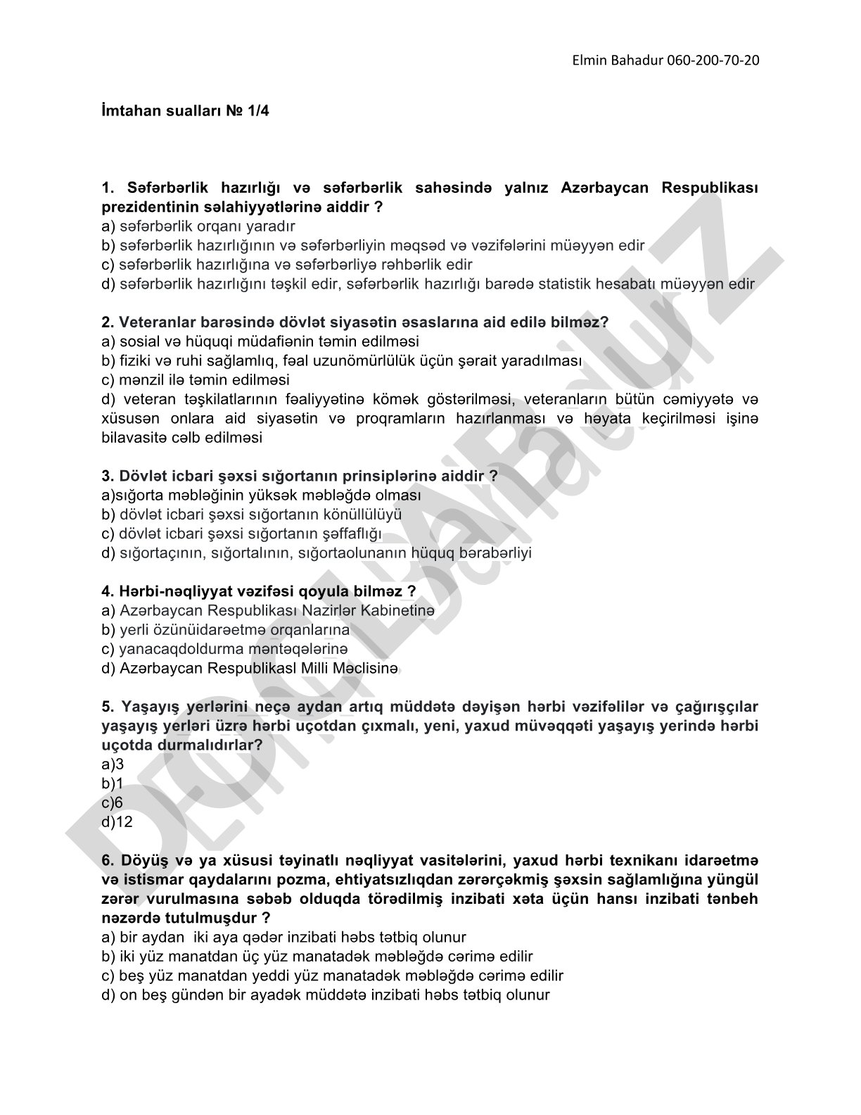 Səfərbərlik, veteranlar və dövlət sığortası üzrə imtahan sualları