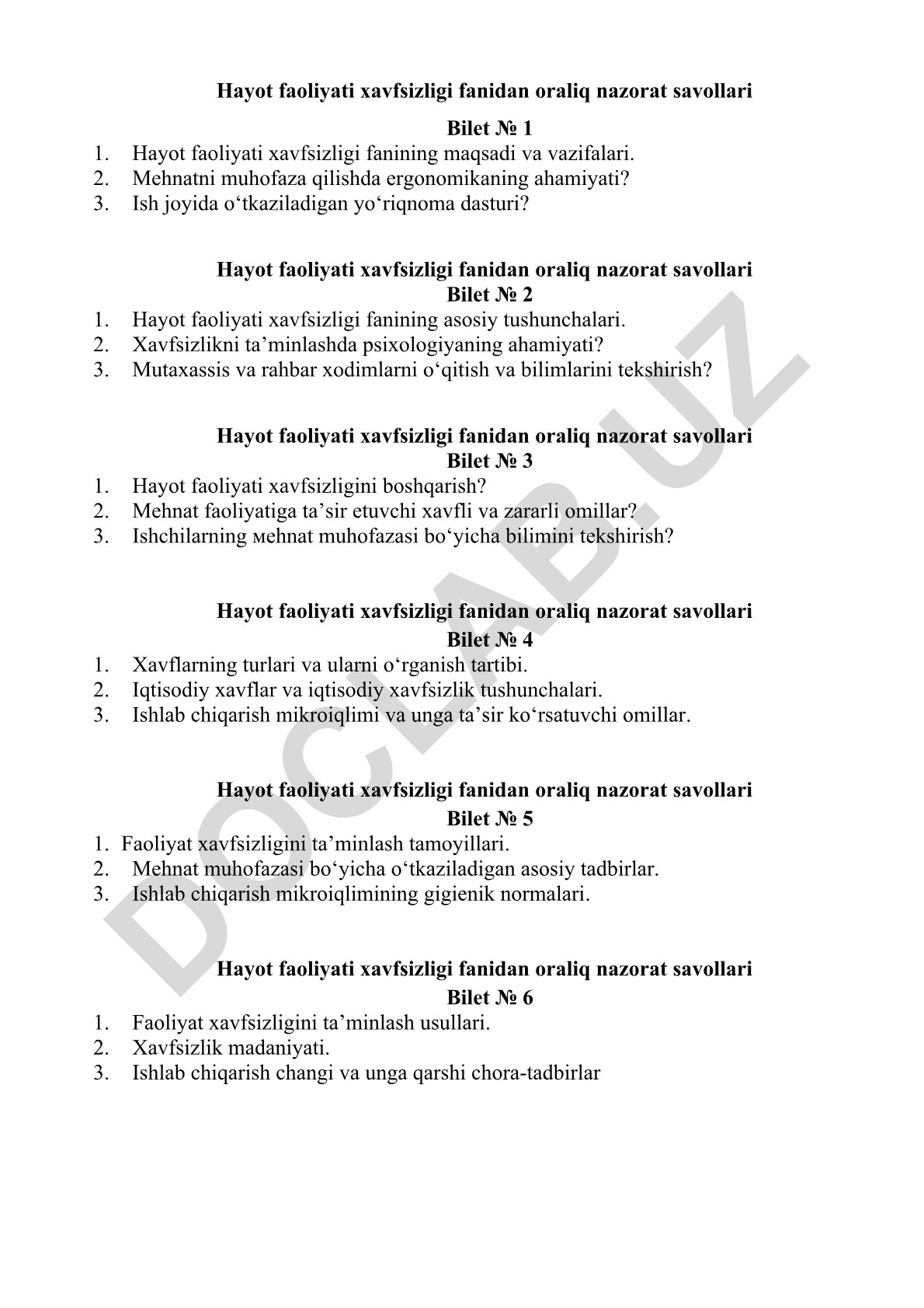 Hayot faoliyati xavfsizligi fanidan oraliq nazorat savollari