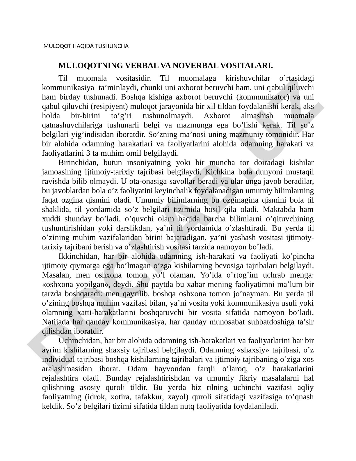 Muloqot haqida tushuncha. Muloqotning verbal va noverbal vositalari.