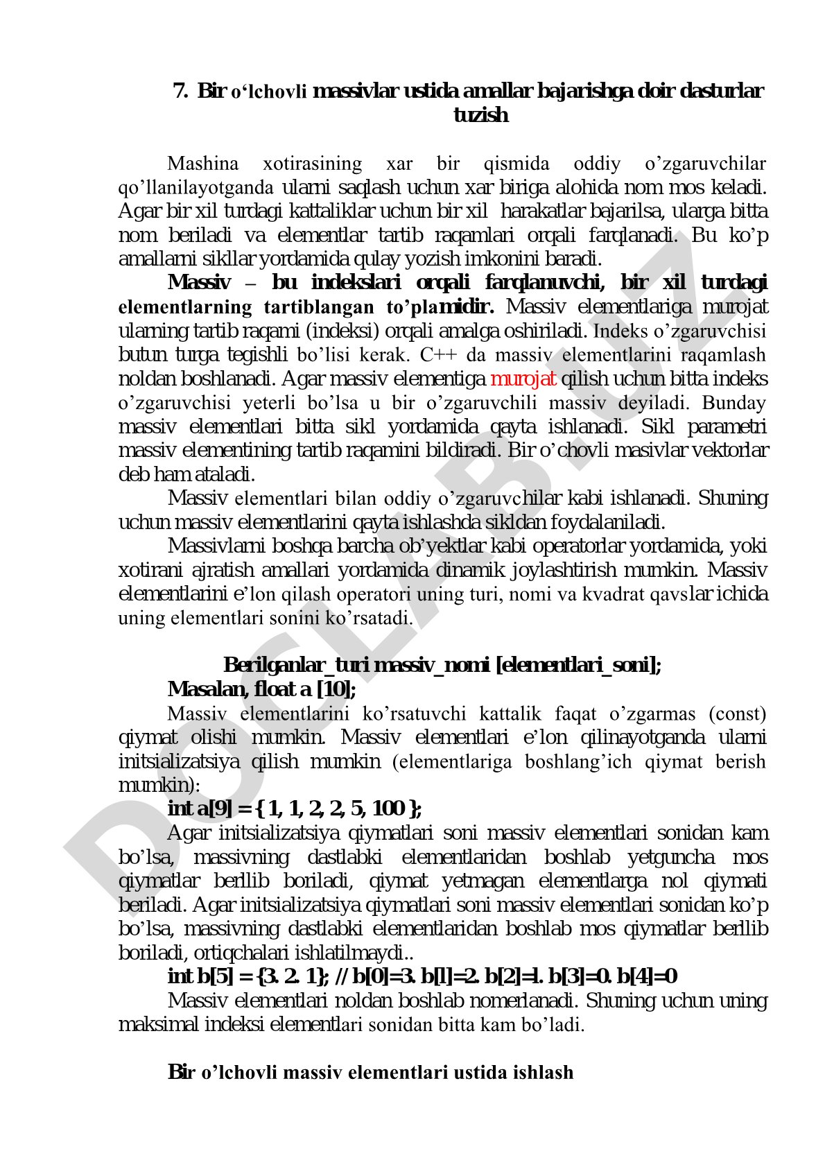 Bir o‘lchovli massivlar ustida amallar bajarishga doir dasturlar tuzish
