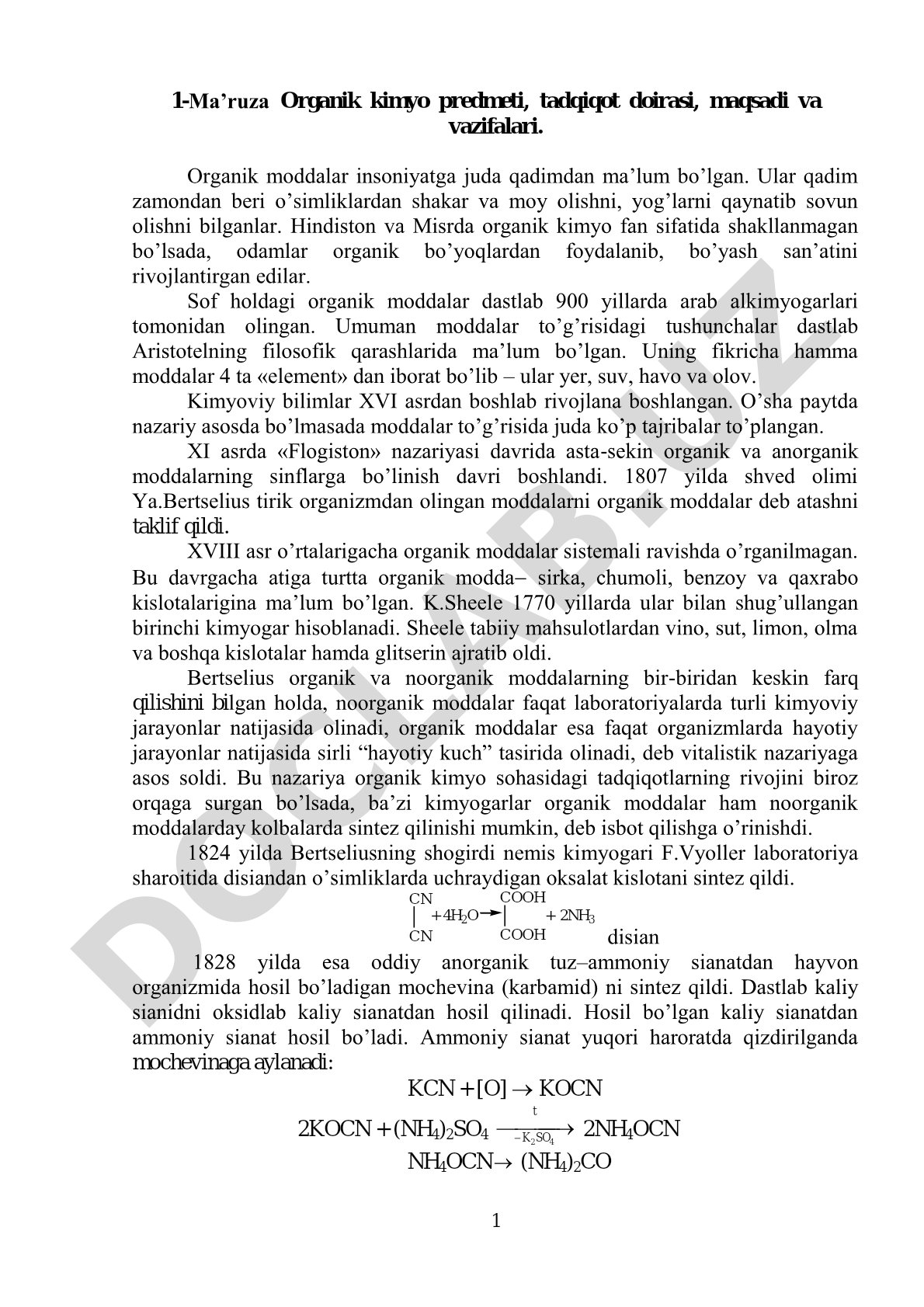 Organik kimyo predmeti, tadqiqot doirasi, maqsadi va vazifalari