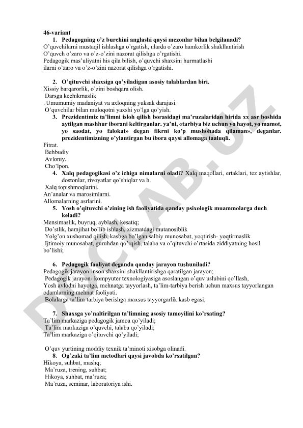 Pedagogning o'z burchini anglashi va o'qituvchi shaxsiga qo'yiladigan talablar