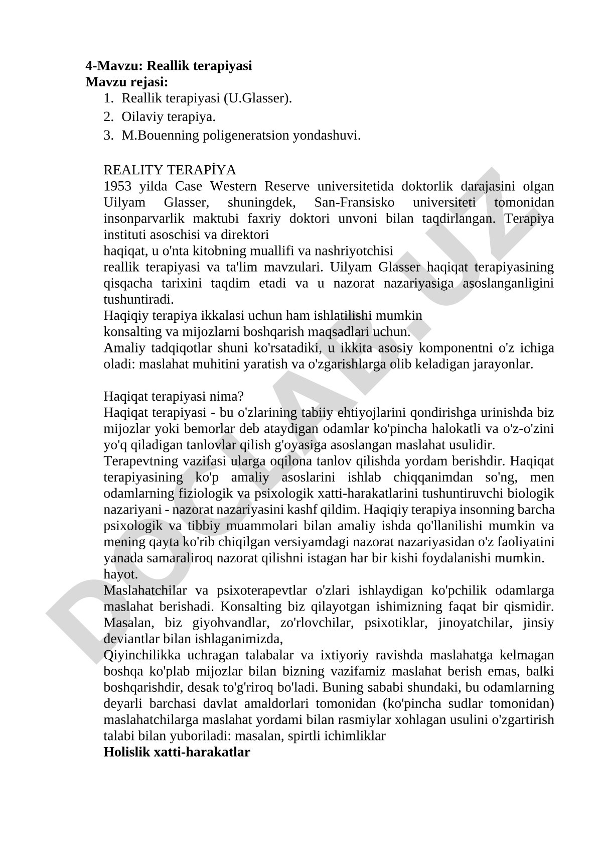 U.Glasserning reallik terapiyasi, oilaviy terapiya va M.Bouenning poligeneratsion