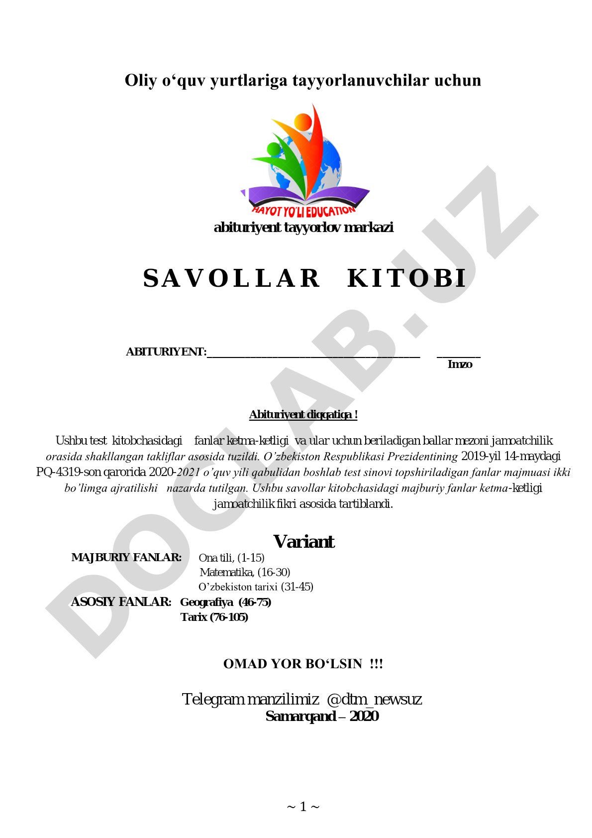 Oliy o‘quv yurtlariga kirish test savollari