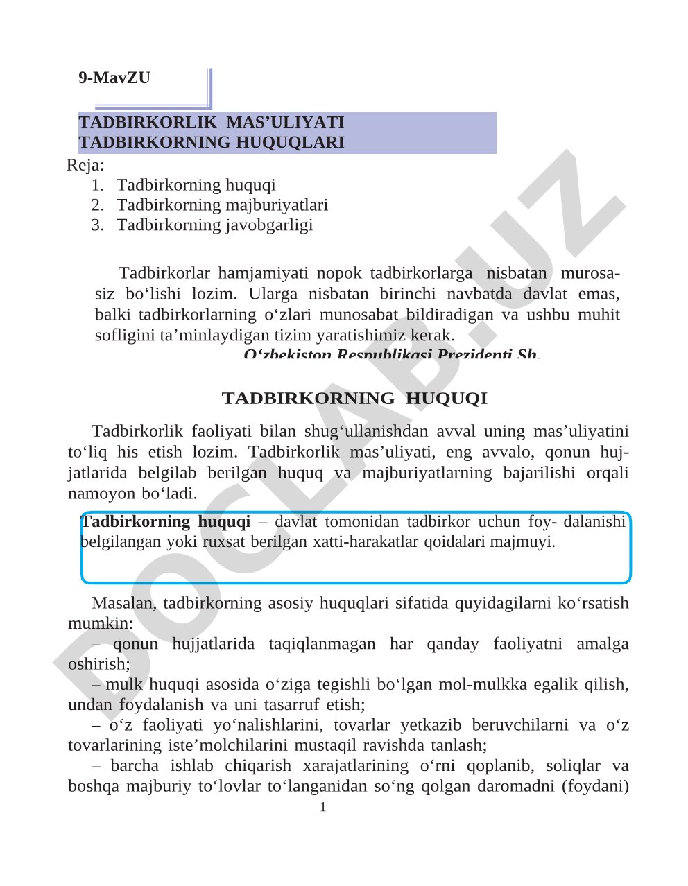 Tadbirkorlik mas’uliyati tadbirkorning huquqlari