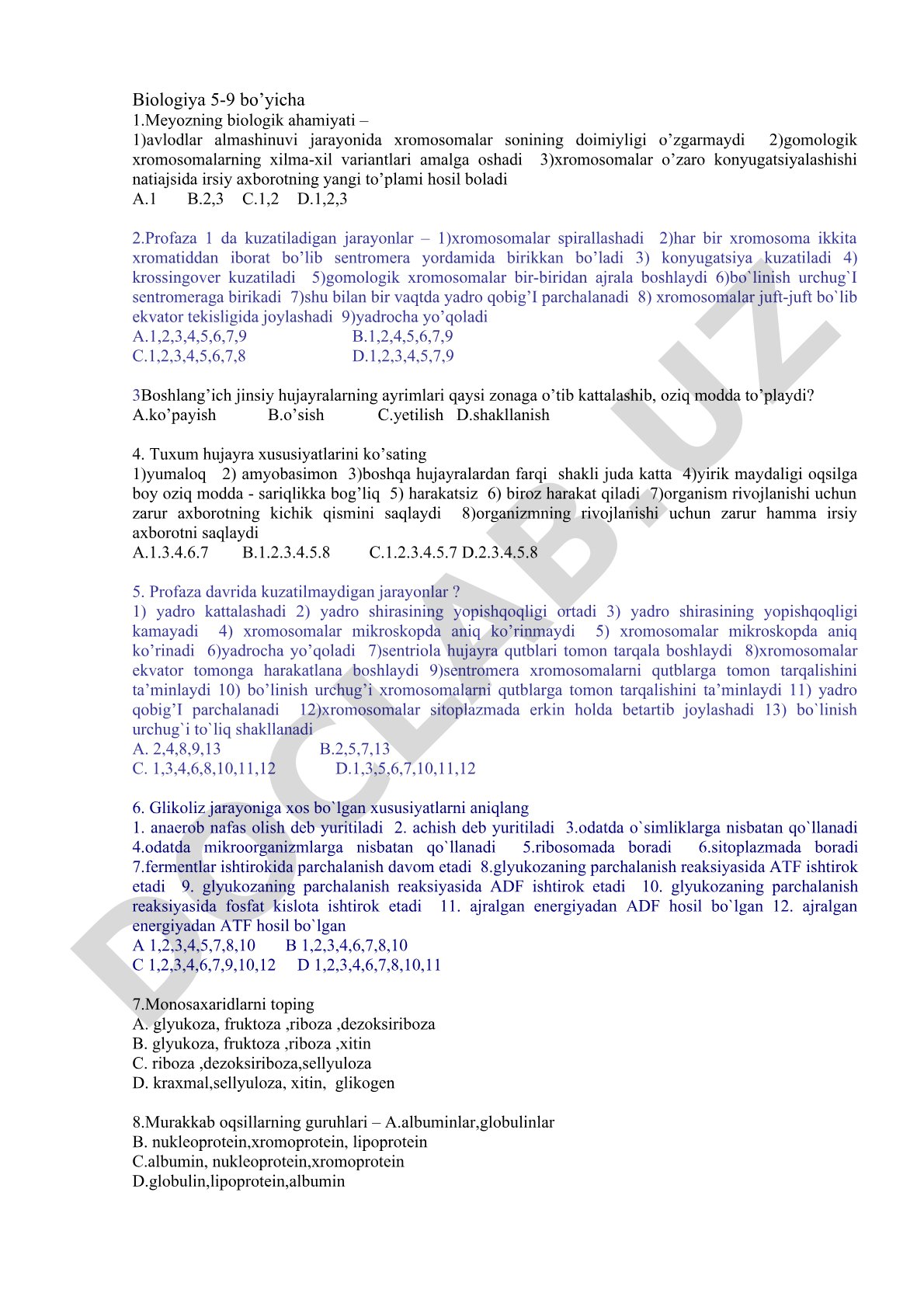 Biologiya 5-9 sinflar uchun meyoz va jinsiy hujayralar testi