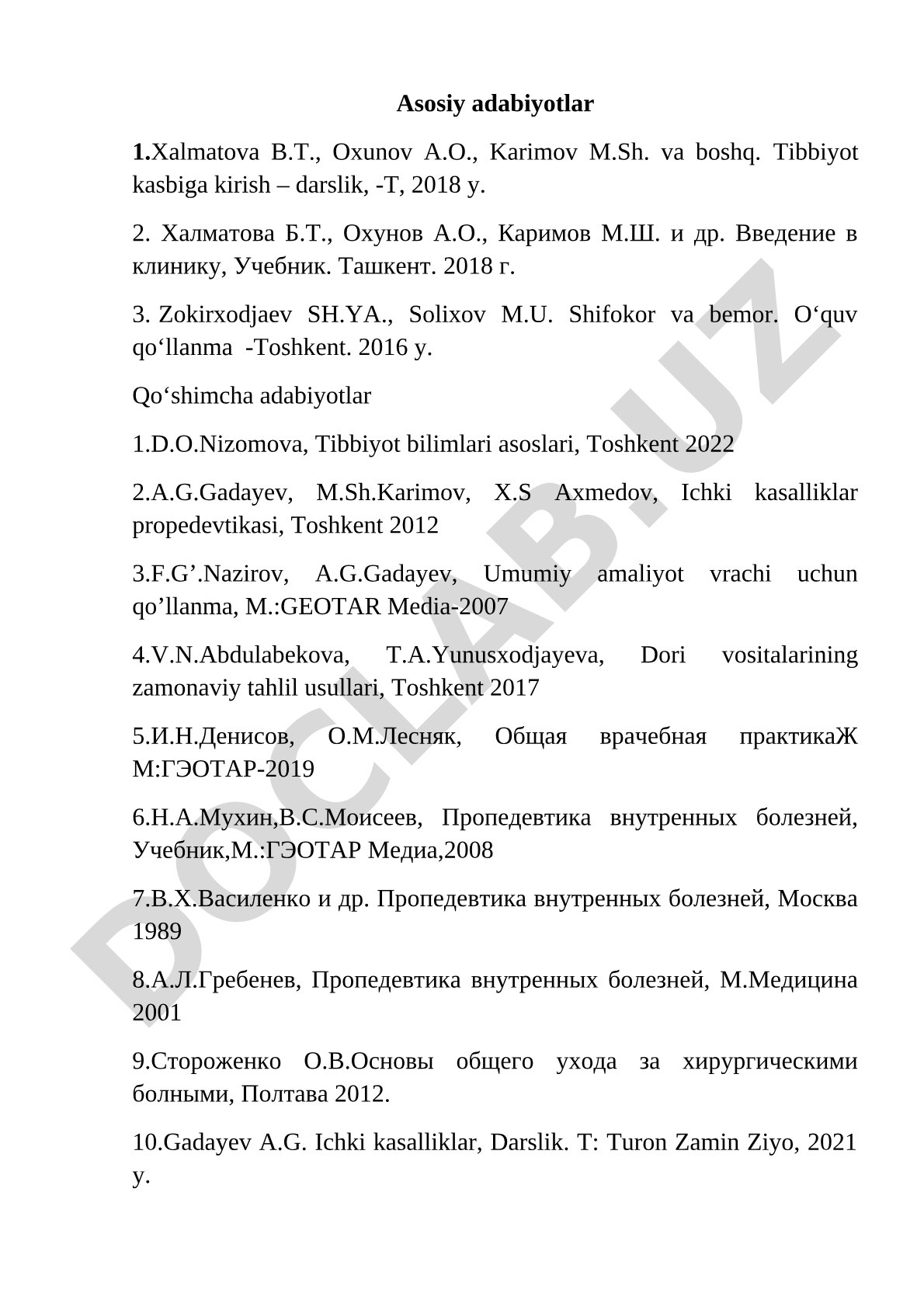 Tibbiyot kasbiga kirish adabiyotlari