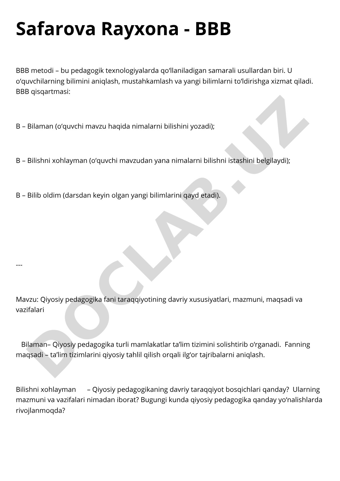 Qiyosiy pedagogika fani taraqqiyotining davriy xususiyatlari, mazmuni, maqsadi va vazifalari