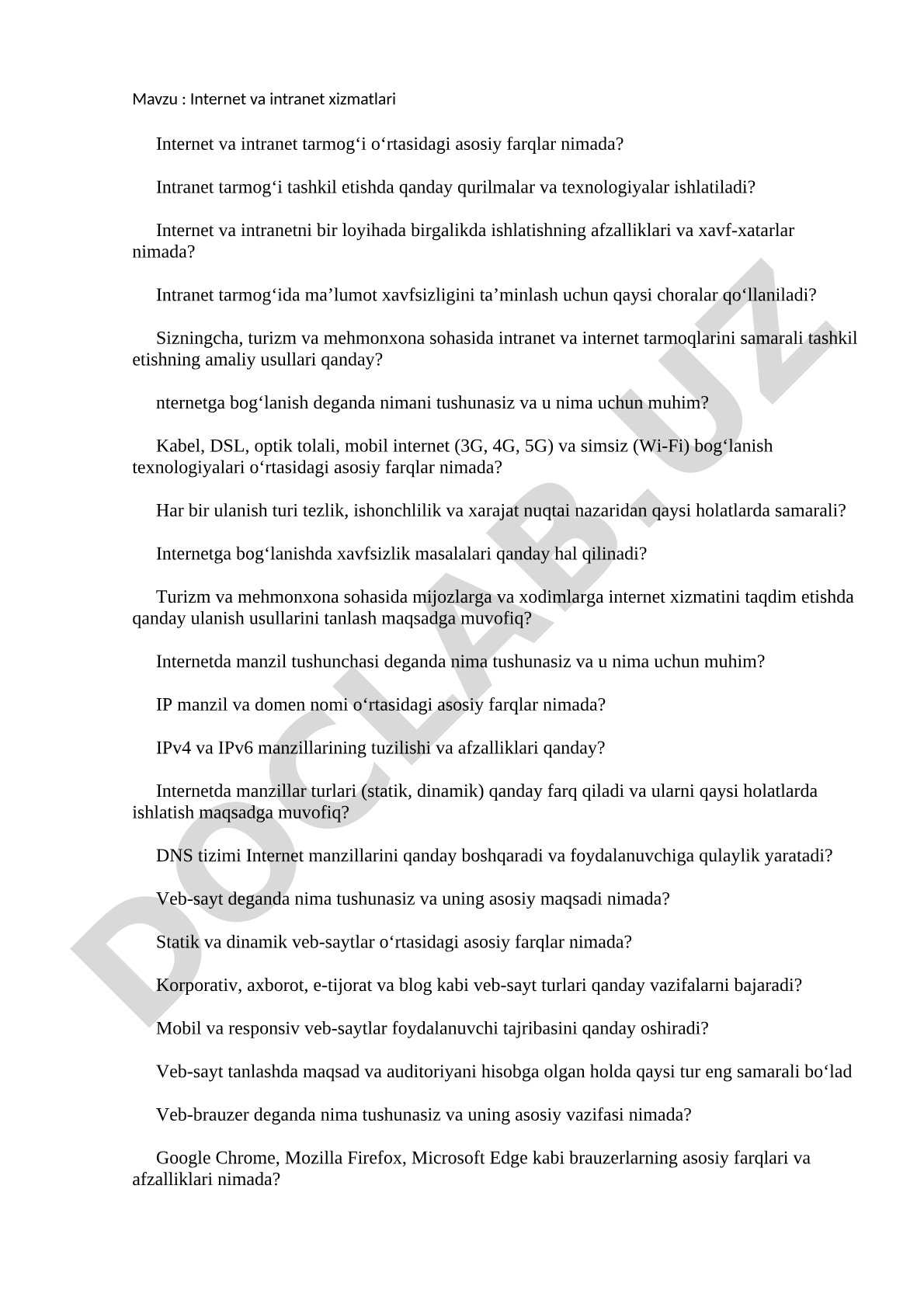Internet va intranet xizmatlari  Internet va intranet tarmog‘i o‘rtasidagi asosiy farqlar nimada?