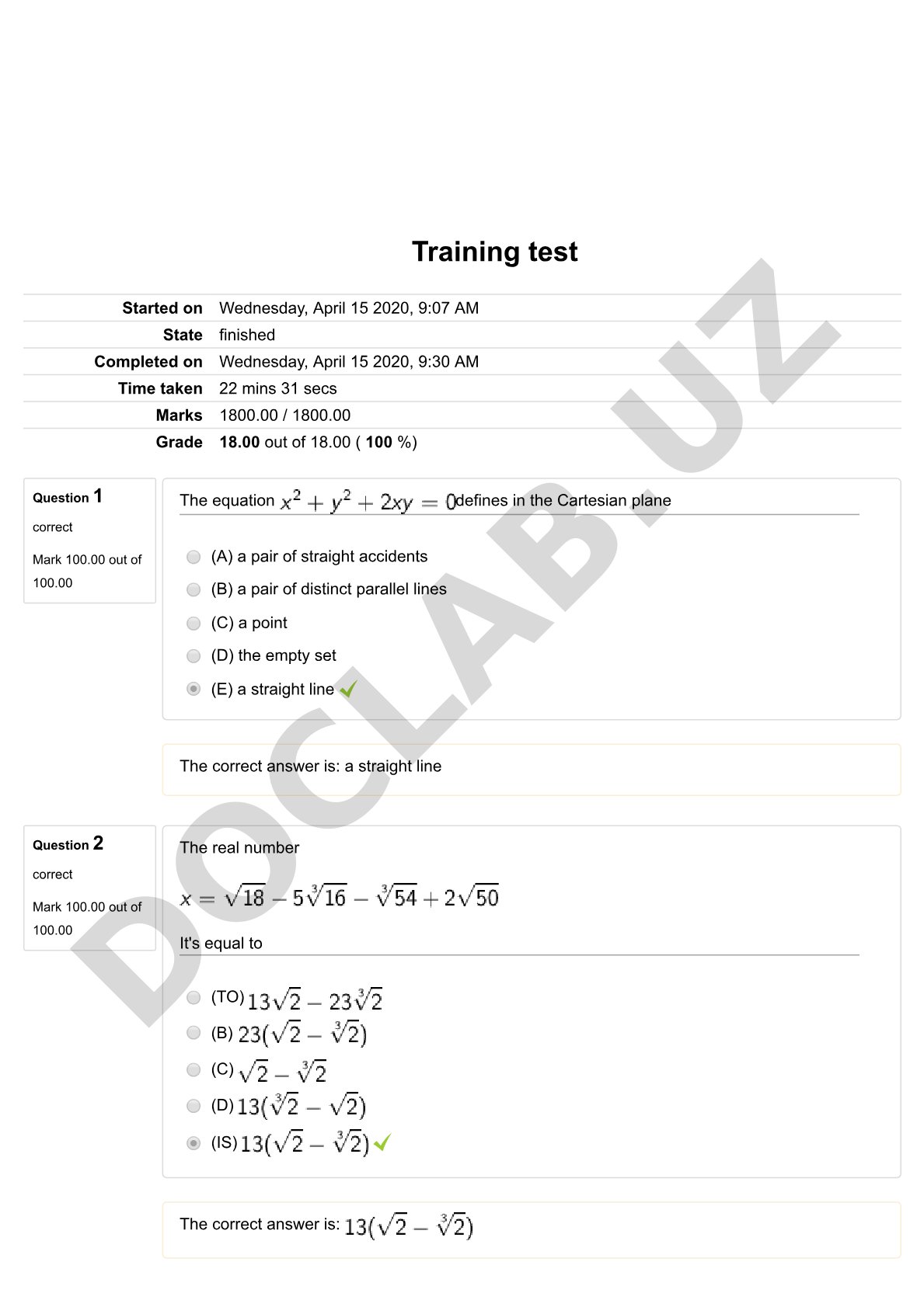 Mathematics practice test with equations and geometry
