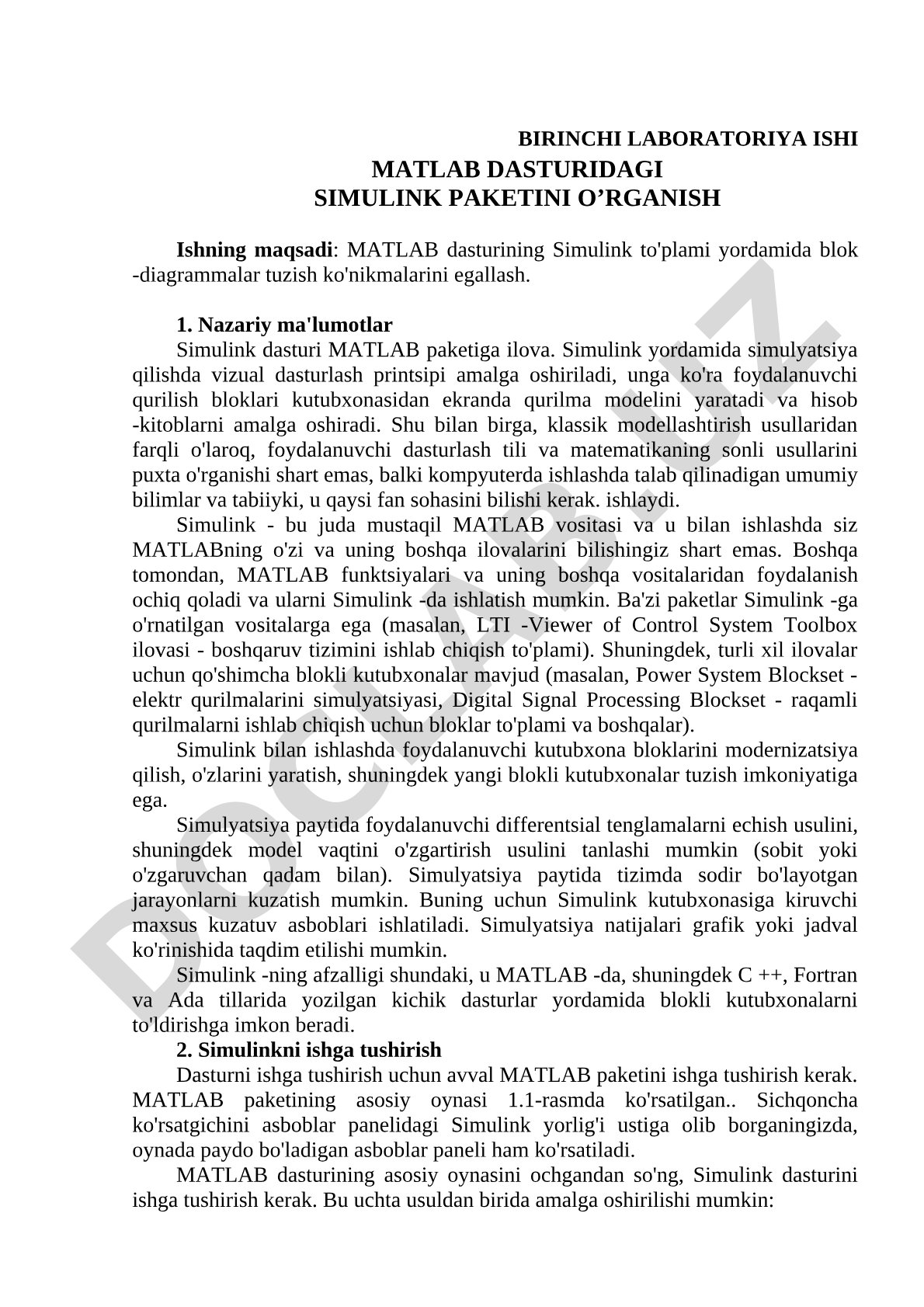 Birinchi laboratoriya ishi MATLAB dasturidagi Simulink paketini o’rganish