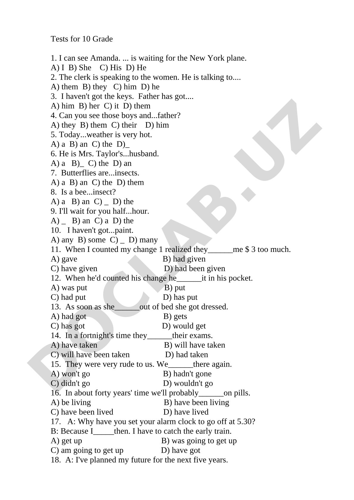 English Grammar Test for 10 Grade