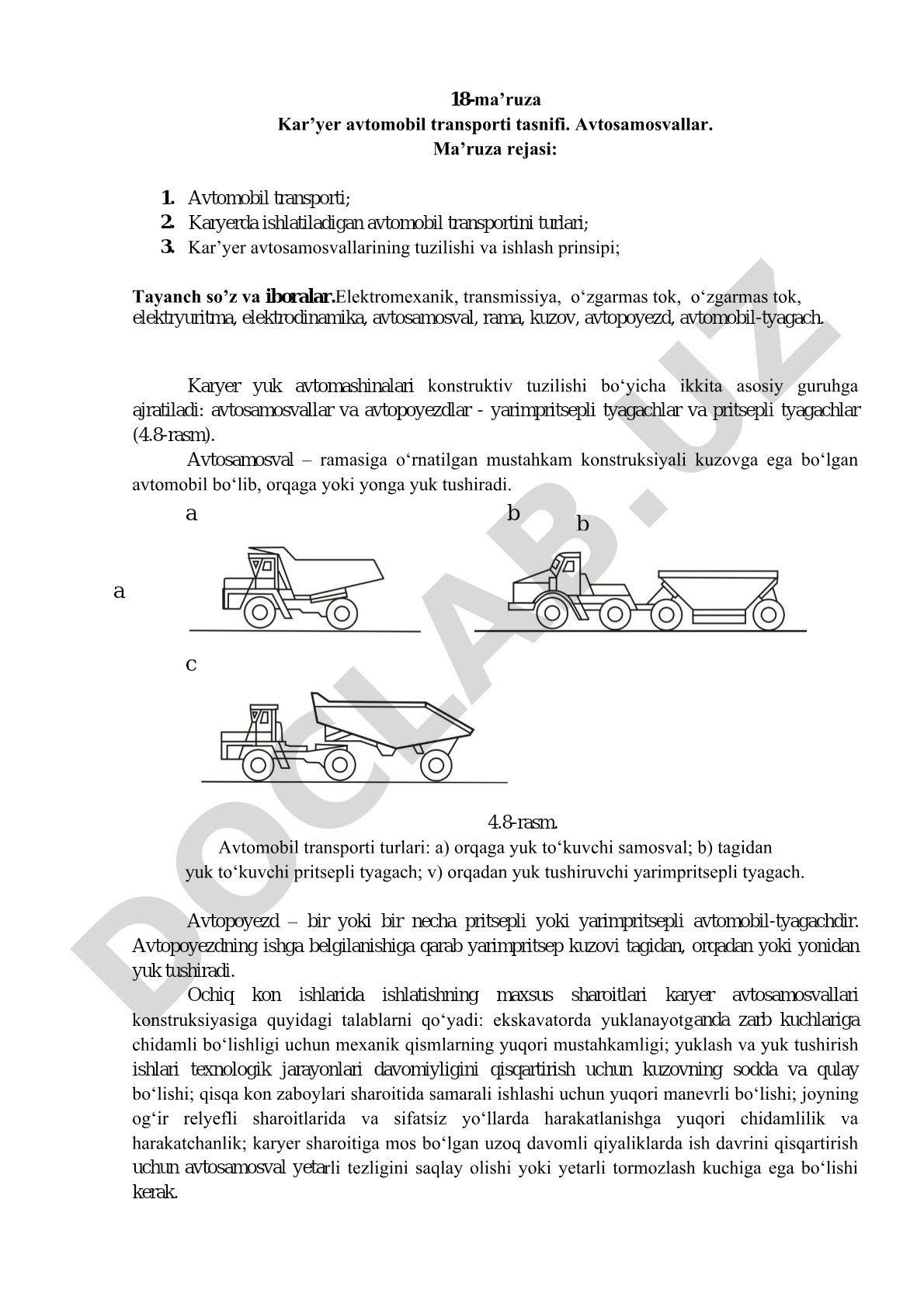 Kar’yer avtomobil transporti tasnifi. Avtosamosvallar.
