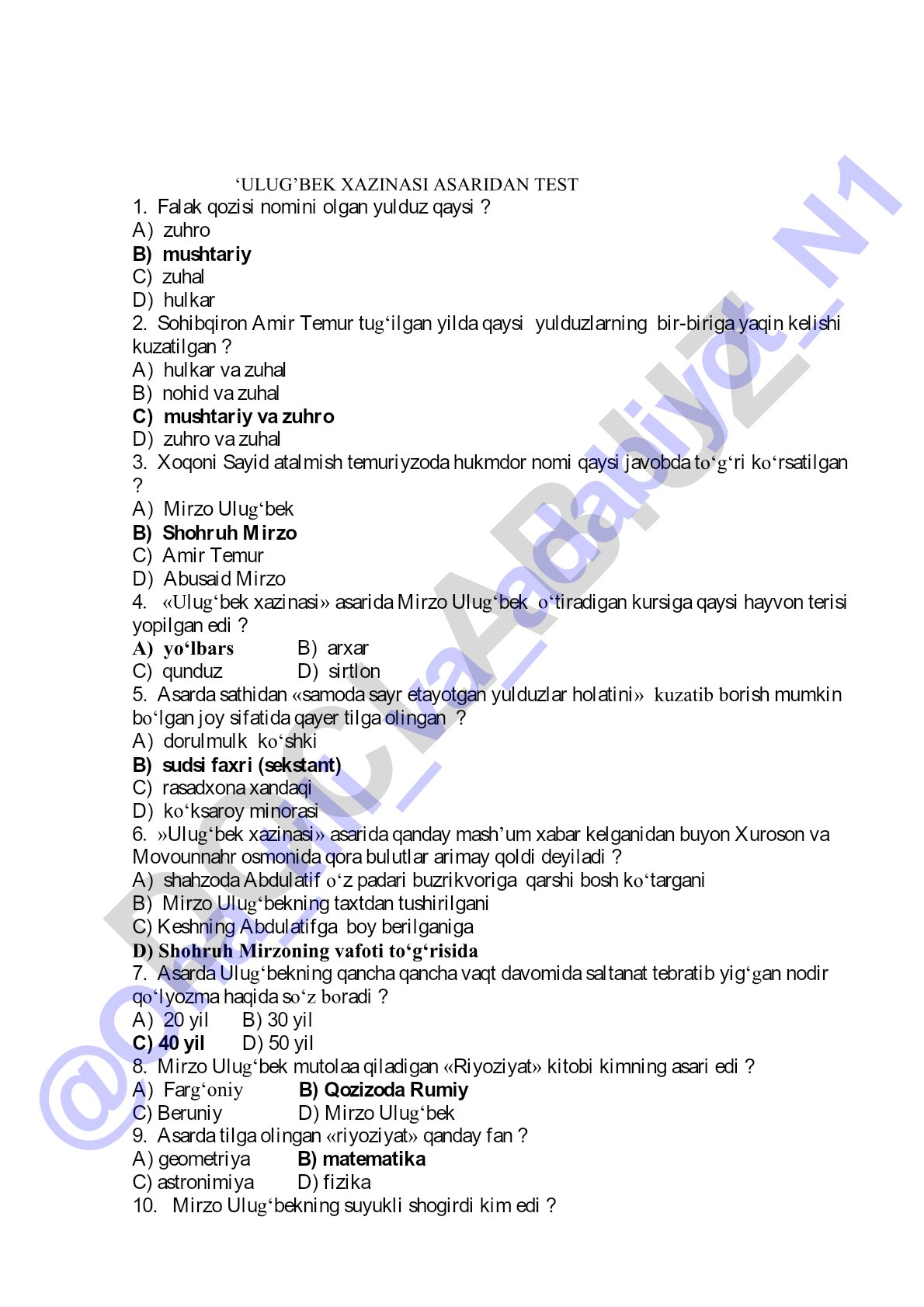 Ulug'bek xazinasi asaridan test savollari