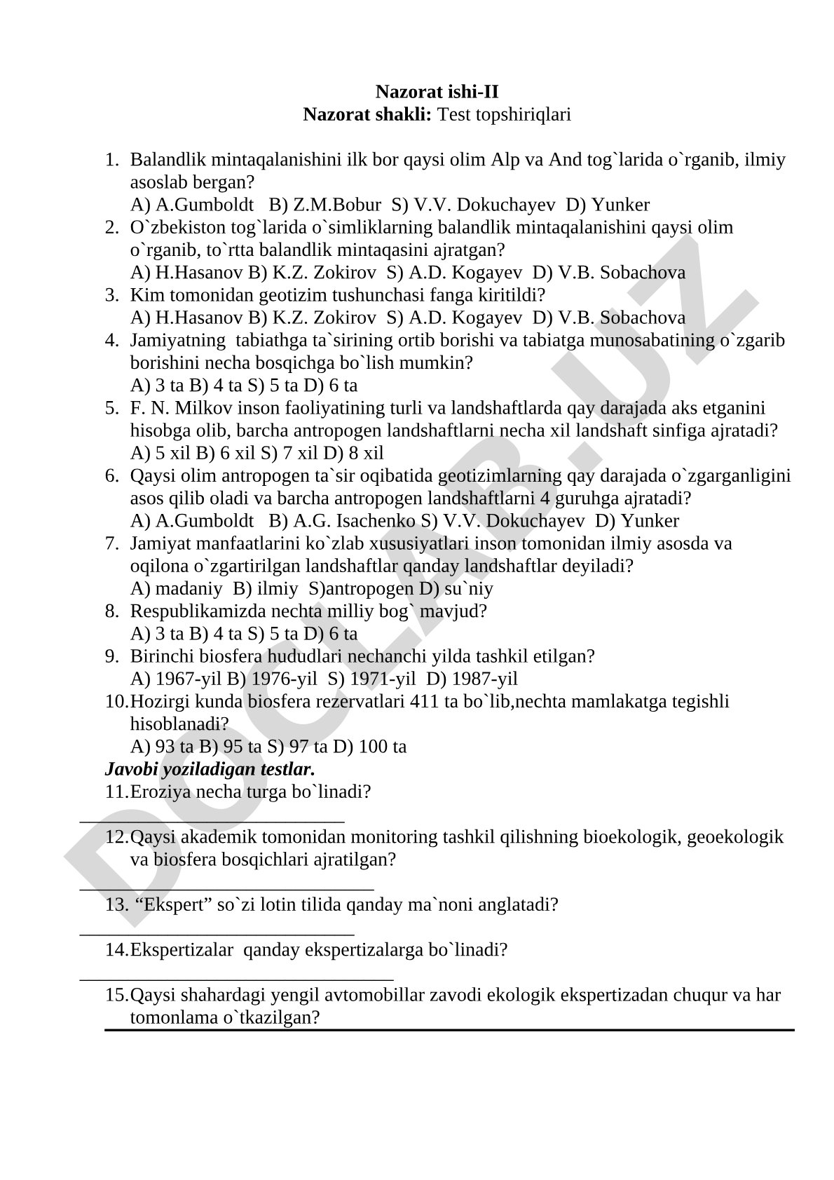 Balandlik mintaqalanishi va antropogen landshaftlar testi