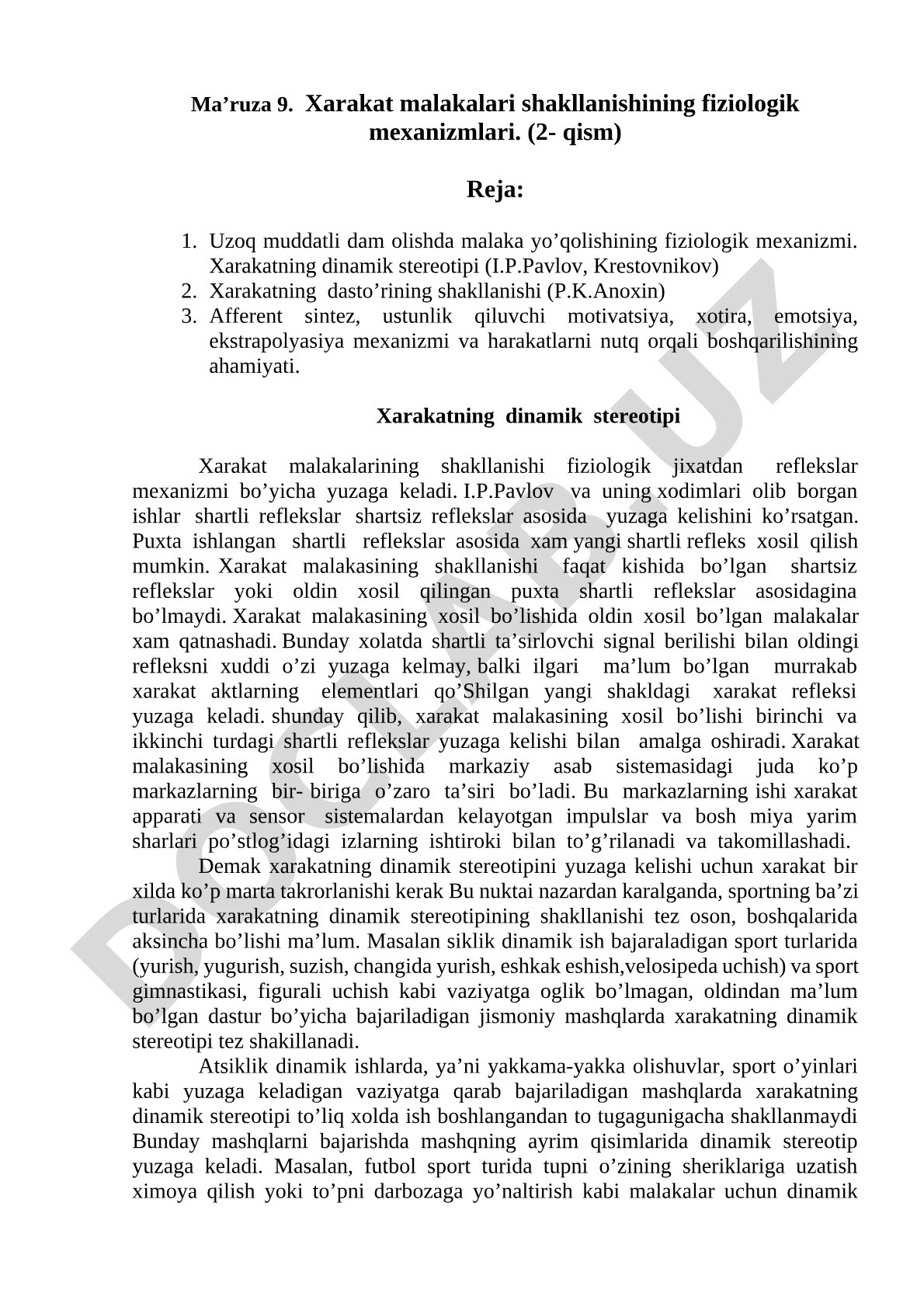 Xarakat malakalari shakllanishining fiziologik mexanizmlari. (2- qism)