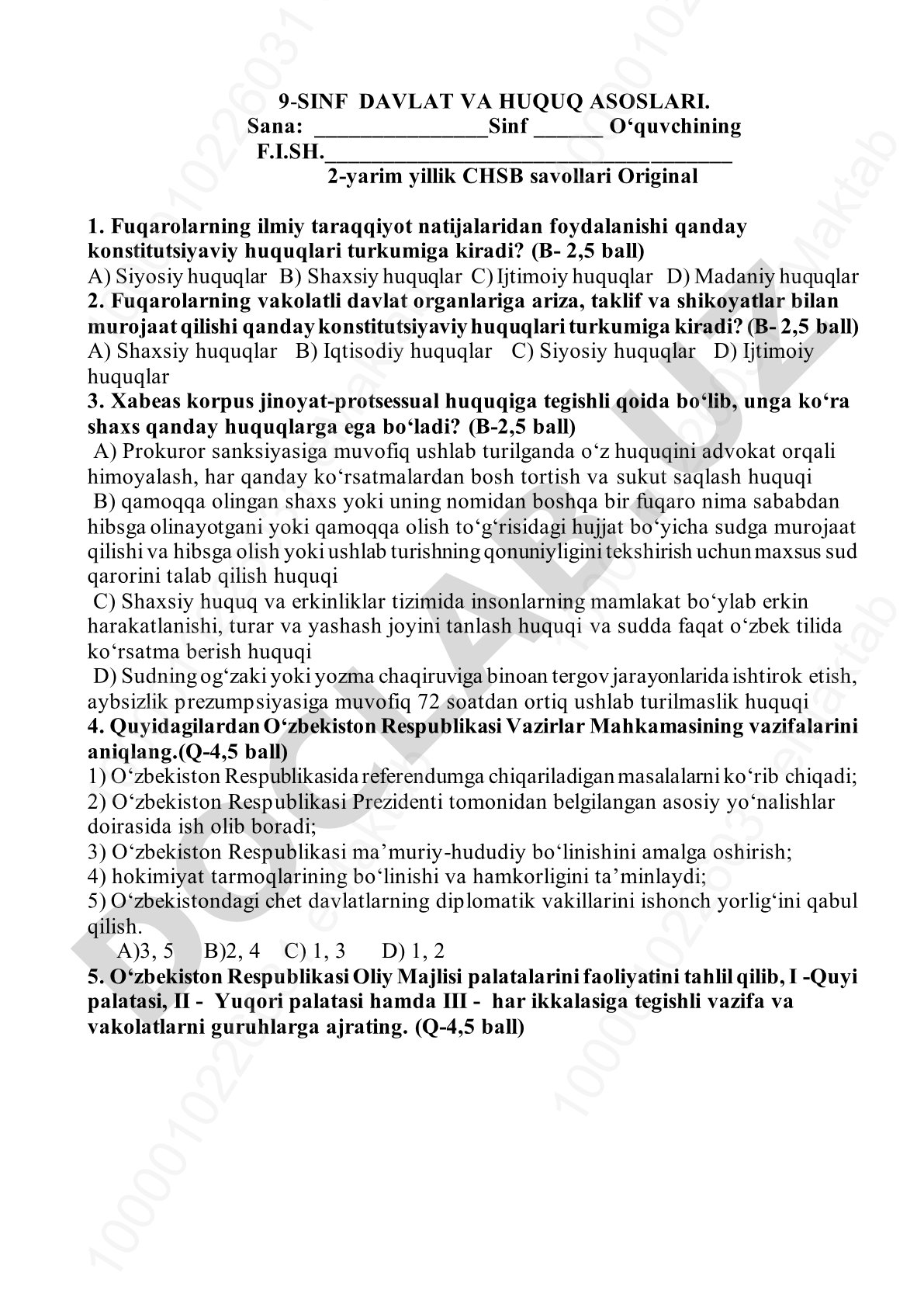 Davlat va huquq asoslari 9-sinf CHSB savollari