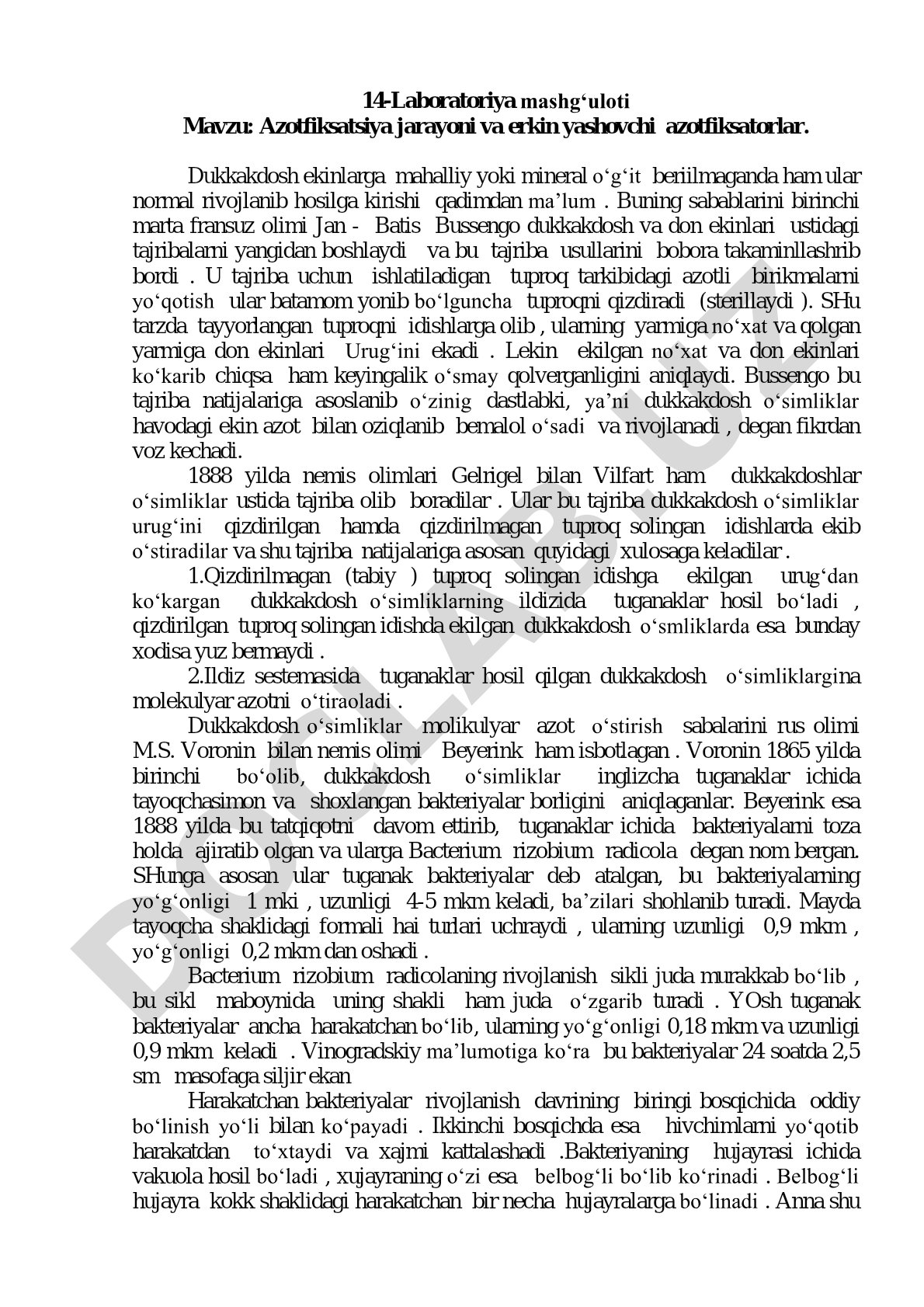 Azotfiksatsiya jarayoni va erkin yashovchi azotfiksatorlar
