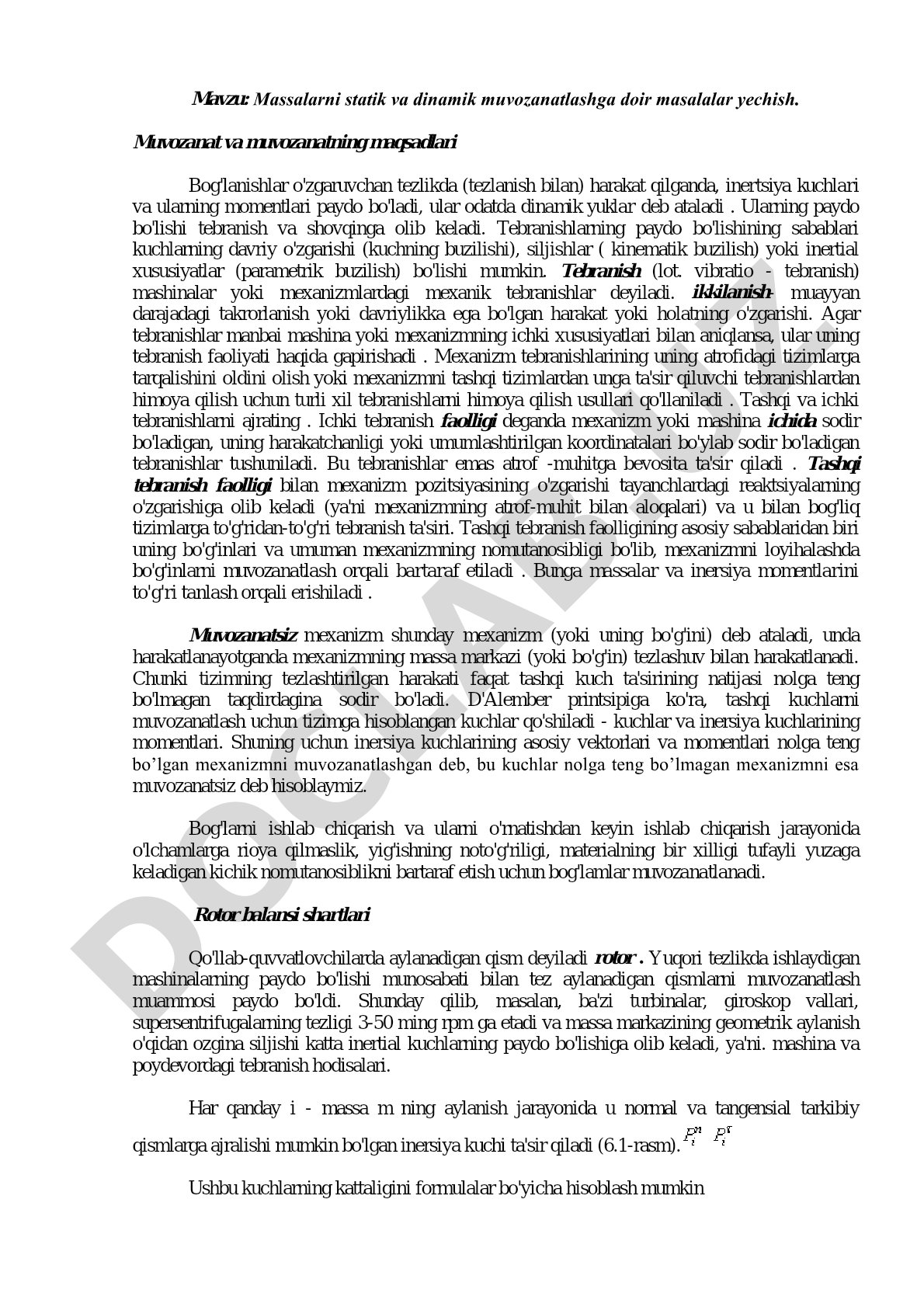 Massalarni statik va dinamik muvozanatlashga doir masalalar yechish. Muvozanat va muvozanatning maqsadlari
