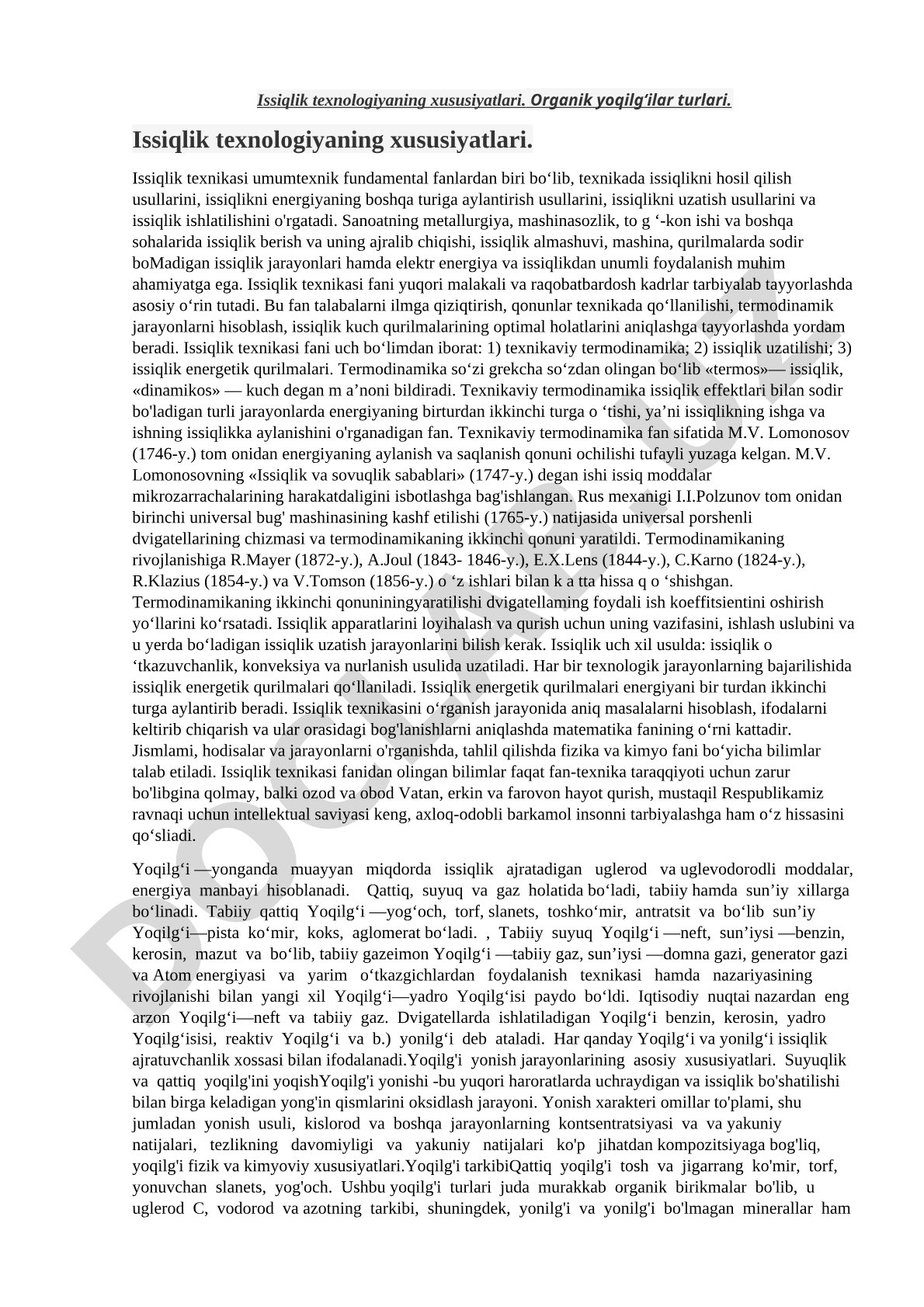 Issiqlik texnologiyaning xususiyatlari. Organik yoqilg‘ilar turlari.