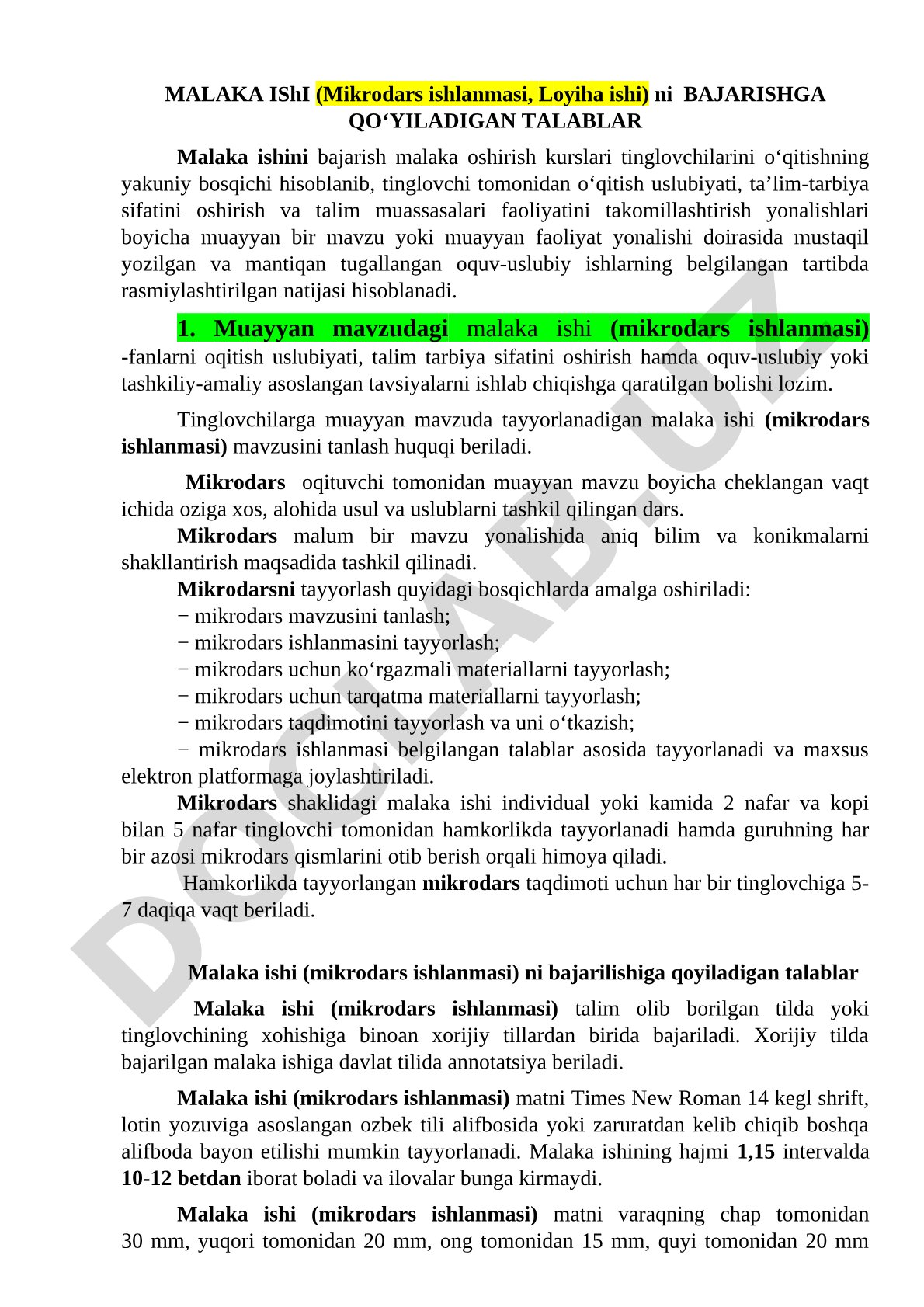 MALAKA IShI (Mikrodars ishlanmasi, Loyiha ishi) ni BAJARISHGA QOʻYILADIGAN TALABLAR