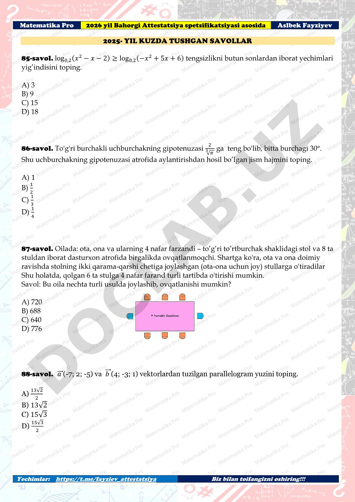 2026-yil bahorgi attestatsiya matematika savollari