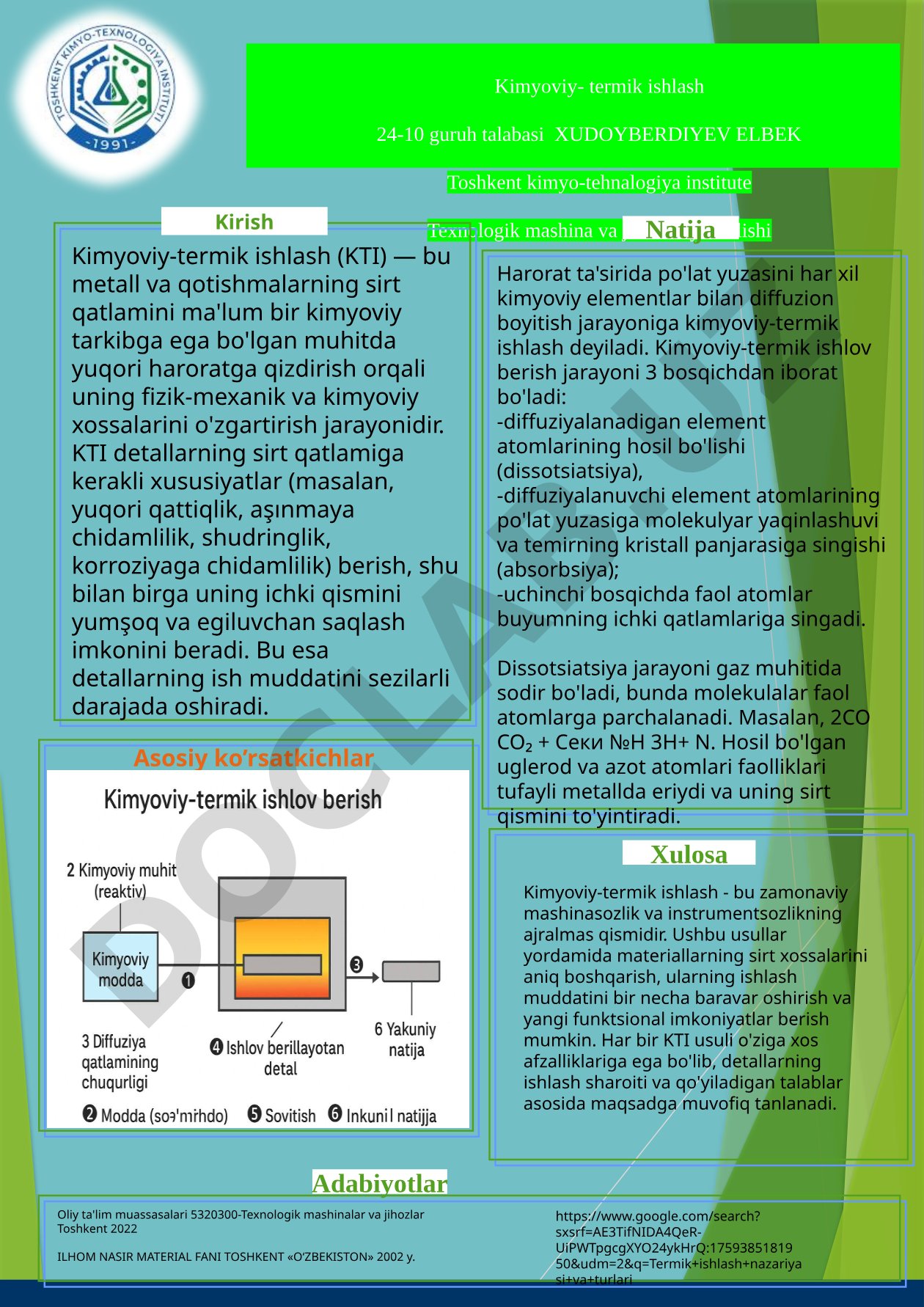 Kimyoviy-termik ishlash jarayoni, usullari va afzalliklari haqida taqdimot