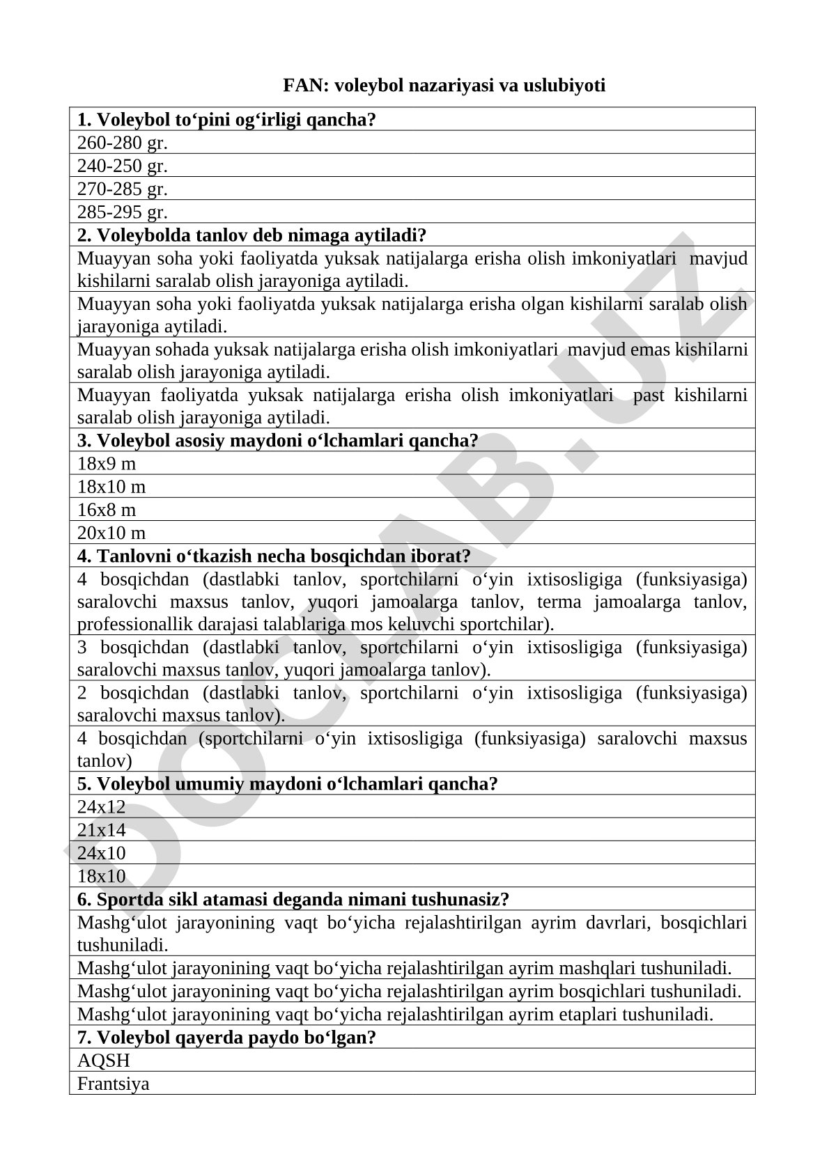 Voleybol nazariyasi va uslubiyoti test savollari