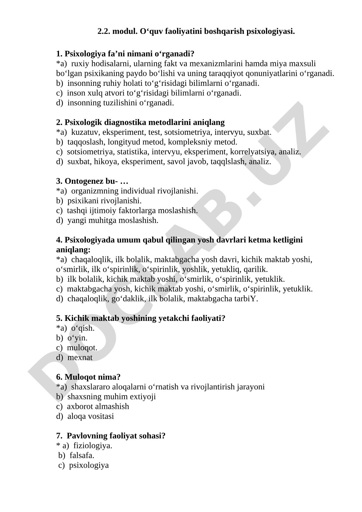 O‘quv faoliyatini boshqarish psixologiyasi bo‘yicha testlar