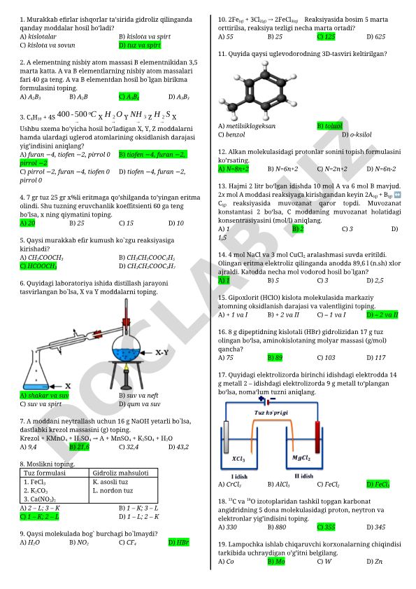 Kimyo fanidan test savollari va masalalar