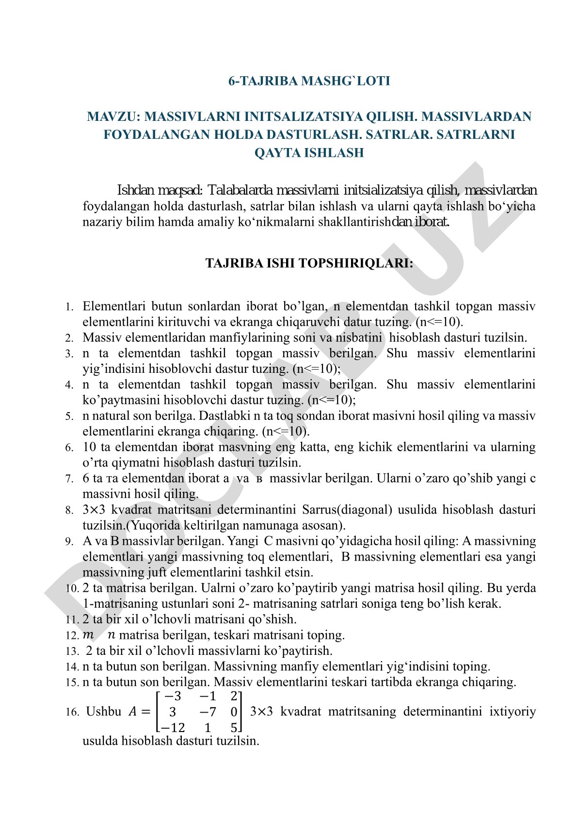 Massivlarni initsializatsiya qilish. Massivlardan foydalangan holda dasturlash. Satrlar. Satrlarni qayta ishlash